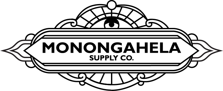 An eye overlooking an ornate set of white shapes, reading "Monongahela Supply Co." in the middle.