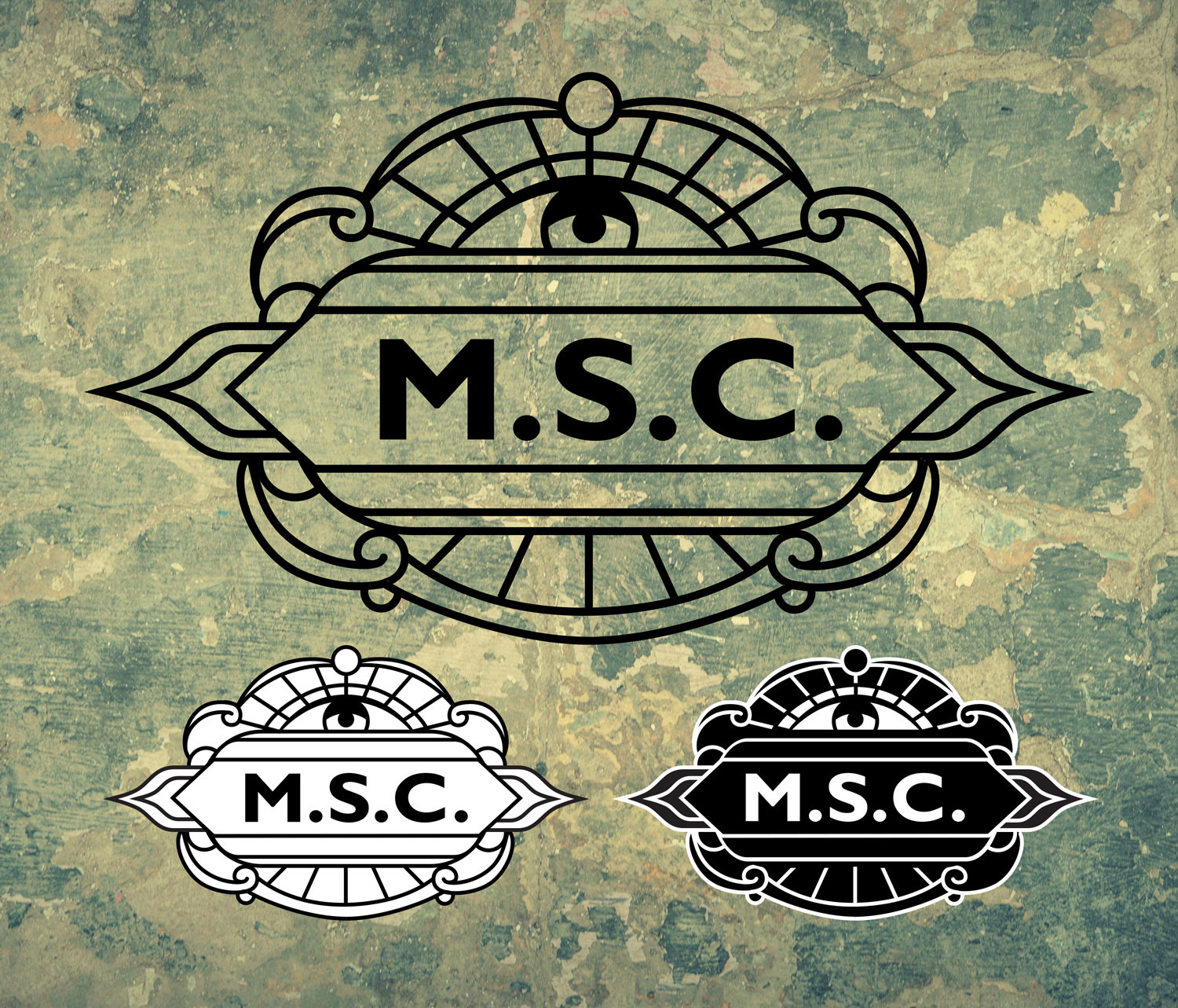 Three logo variations for the Mon Supply Co. over a green chipped paint background.