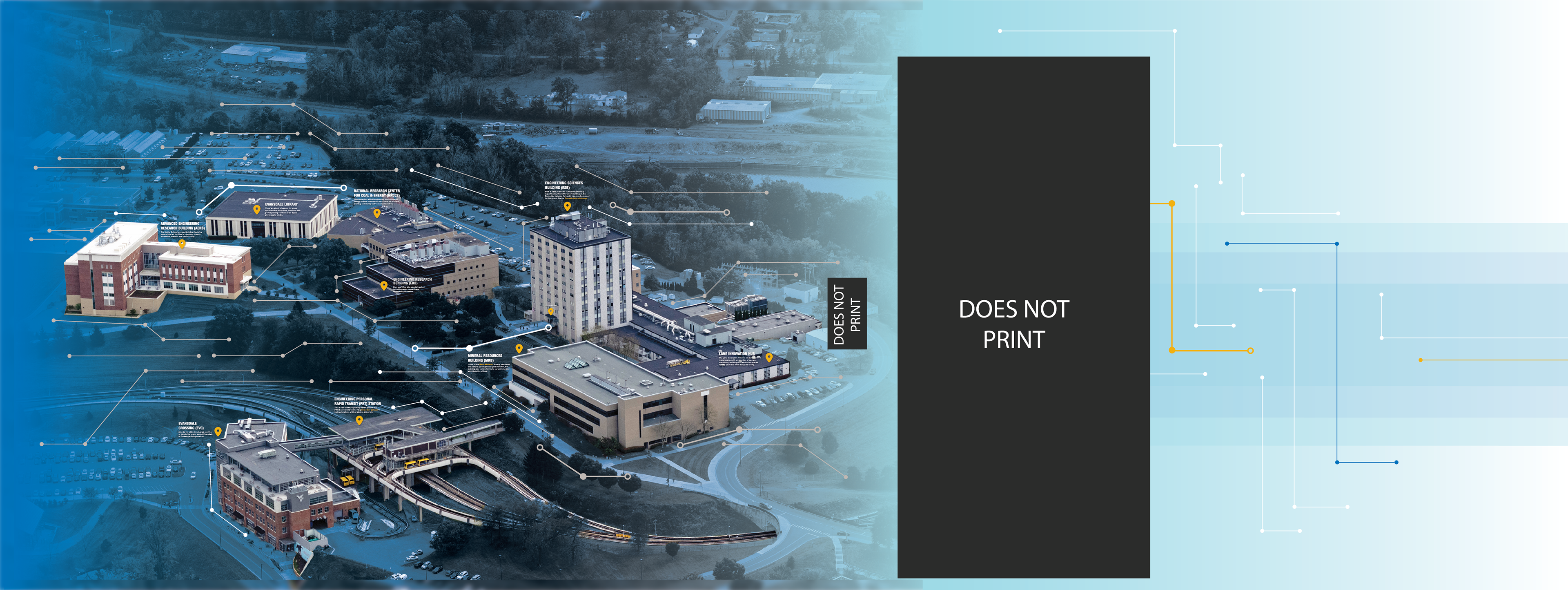 The second section of the final Welcome Home wall. A full color overlay of campus buildings, with location markers and fun facts for each building, overlaying a blue gradient and circuits that lead the eye to the next part of the wall.