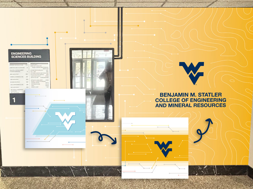 The final wall section has circuits fading into a topography texture with the full college logo rather than just a flying WV on a solid shape.