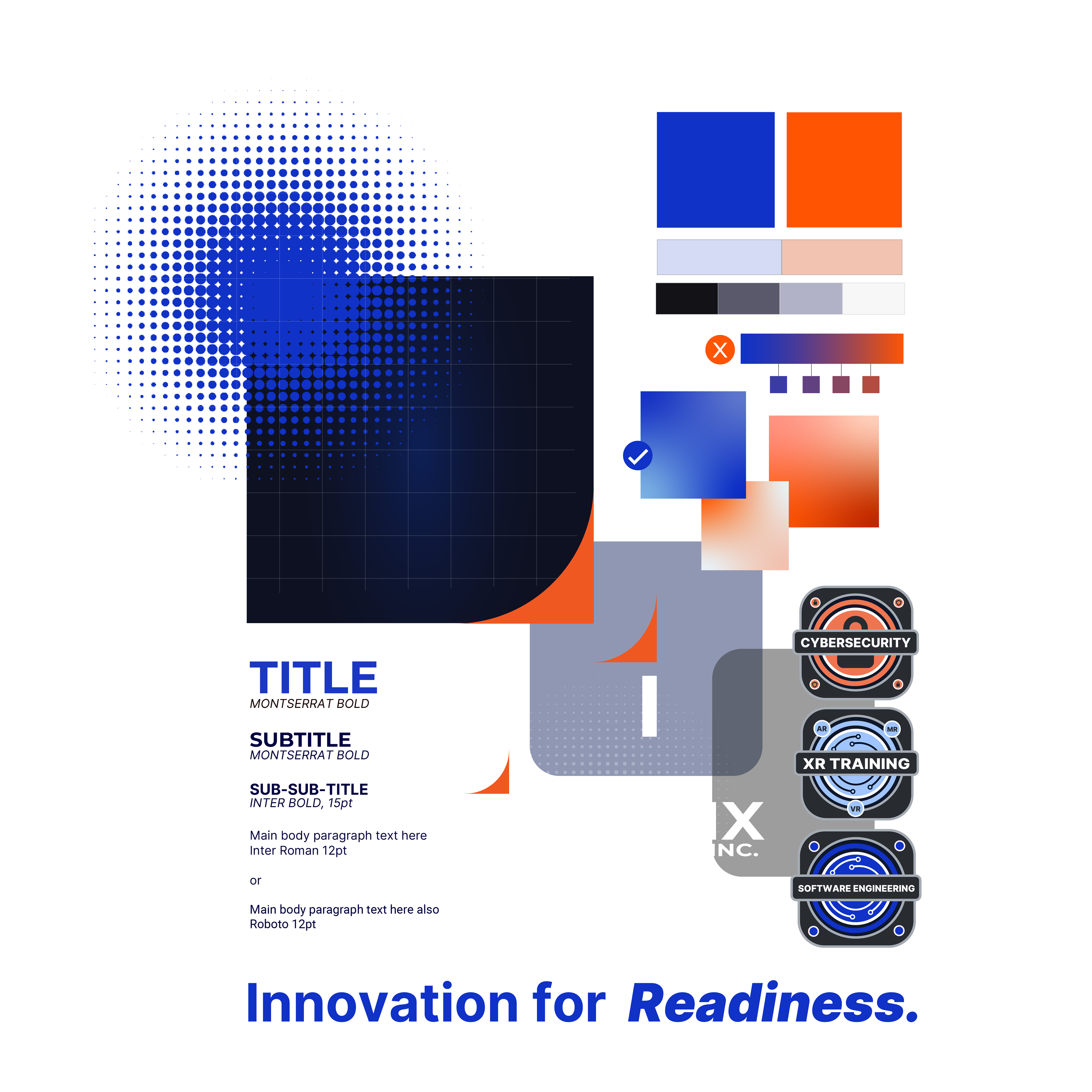 a combination of graphic elements dictating Ingenix's brand guide: halftone textures and grids, solid and transparent elements with rounded edges, Montserrat and Inter as their primary fonts.