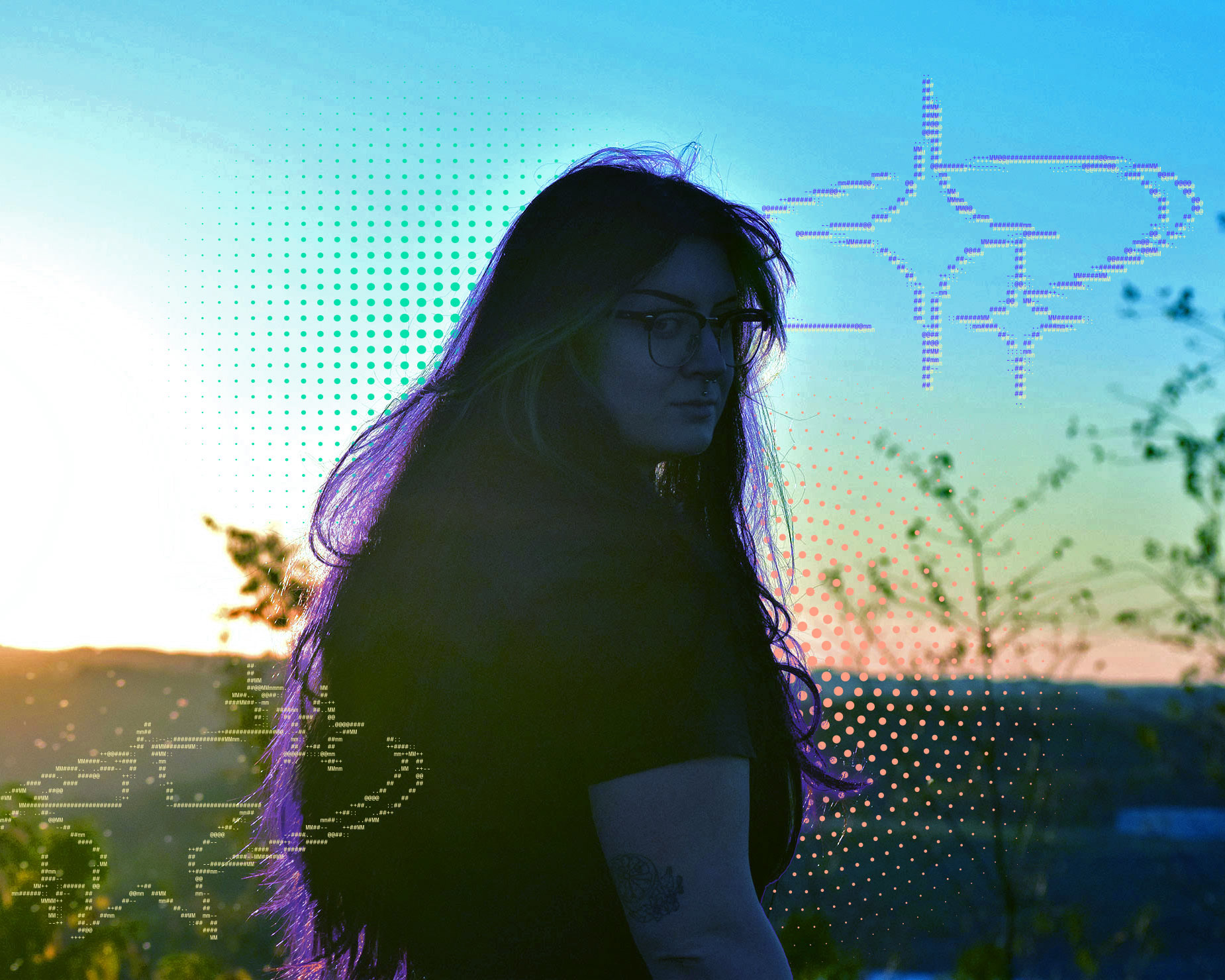 Megan (M) Rinker turning to face the camera against a sunset, surrounded by various digital assets such as ASCII stars and halftone patterns.