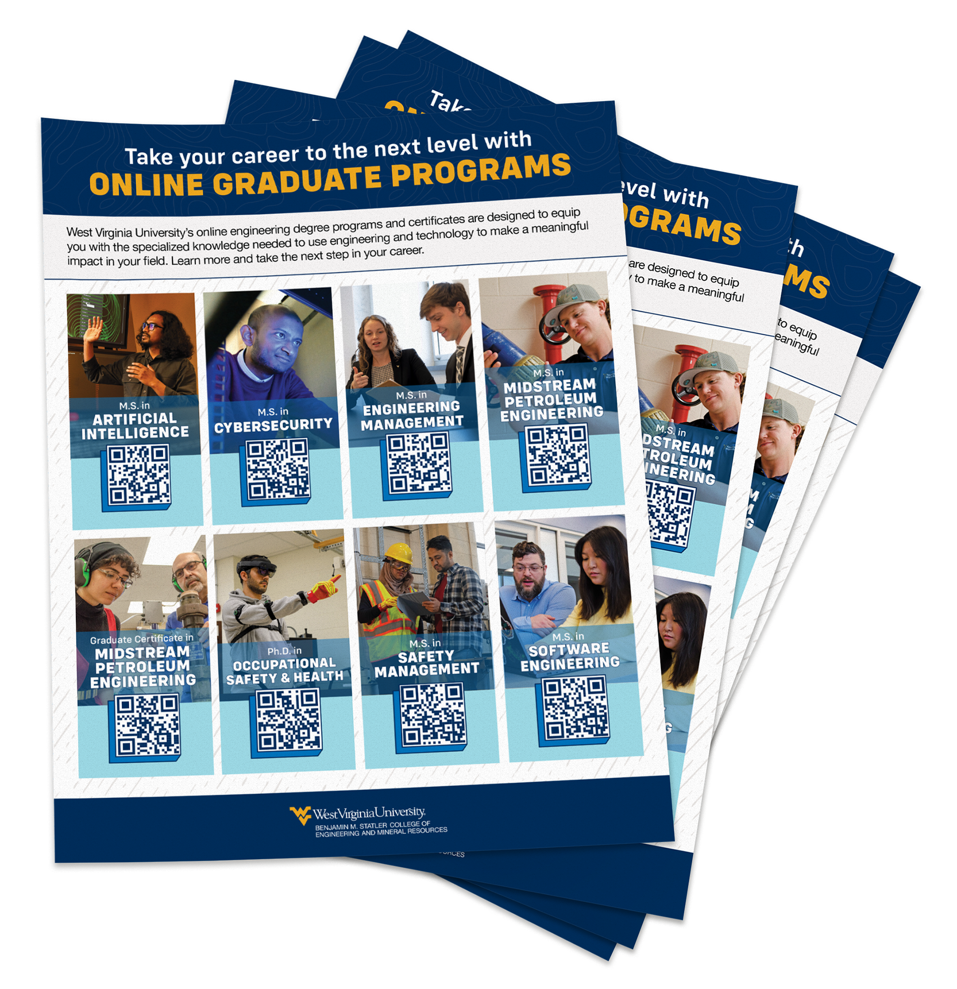 Flyers in a stack, reading "Take your career to the next level with online graduate programs", images of 10 different students for each program with faculty, and QR codes leading to their respective websites.
