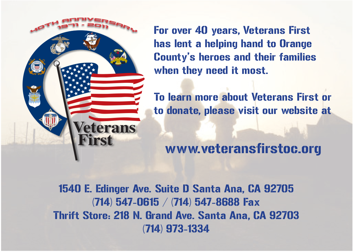Quarter-page ad celebrating Veterans First Orange County (now Veterans Outreach OC)'s 40th Anniversary. Ad was created using Adobe Illustrator, Photoshop, and InDesign CS 1 and appeared in the holiday 2011 issue of the Lincoln Club of Orange County (CA) newsletter.