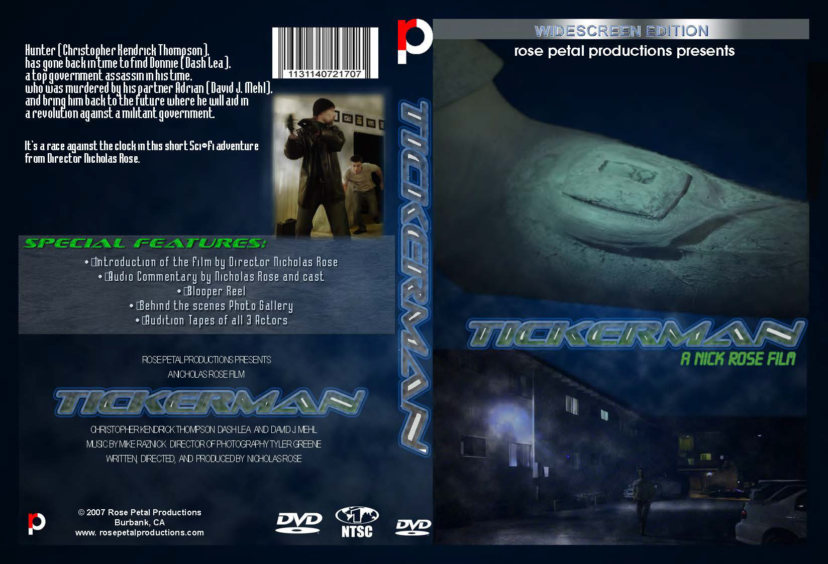 DVD Cover for the short film "Tickerman" which was a submission for the "On the Lot" reality show, 2007. The DVD was given as a thank you gift to the cast and crew. I served as on-set photographer for the shoot with a Sony DSC-717. Cover created with Adobe Photoshop and InDesign CS1.