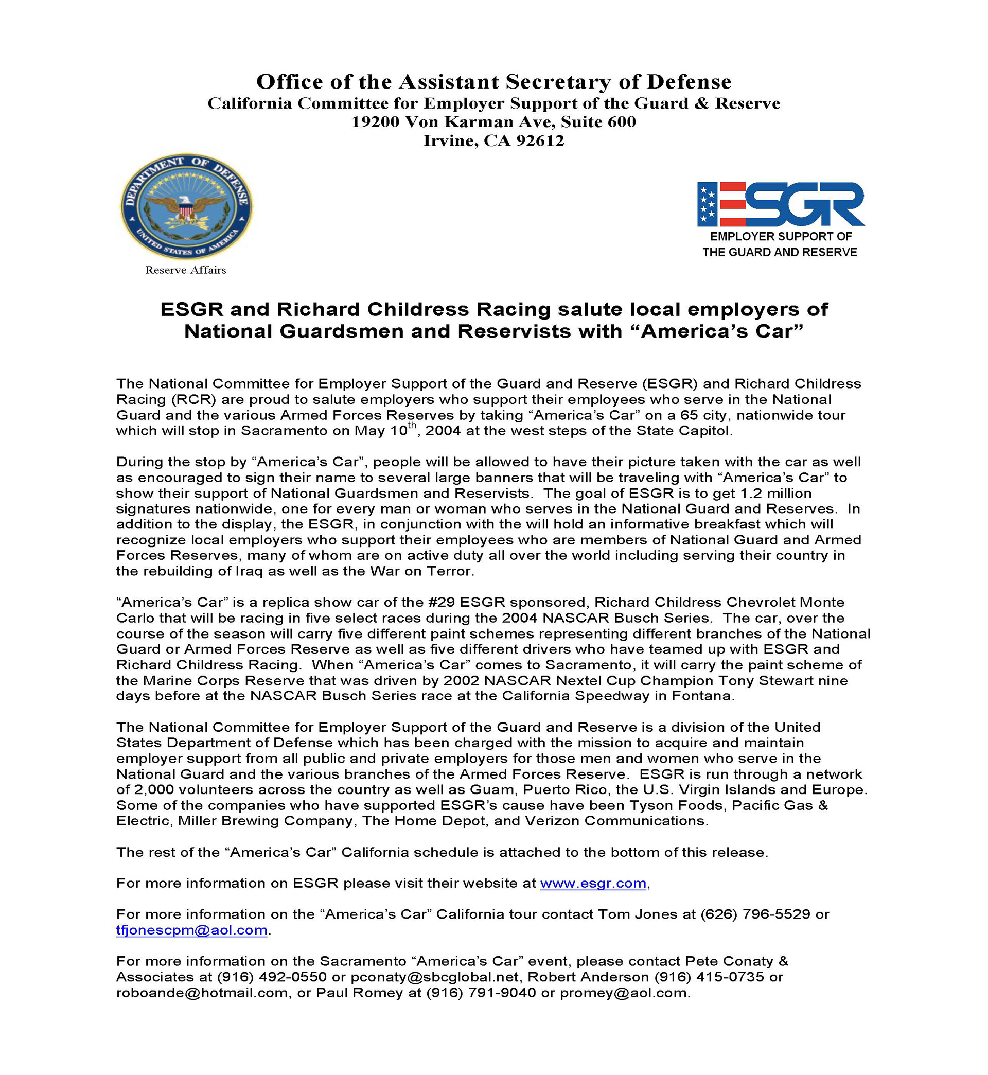 Press Release announcing the ESGR-sponsored "America's Car" tour of California during the spring of 2004. Written as an Office Assistant on behalf of Pete Conaty and Associates.