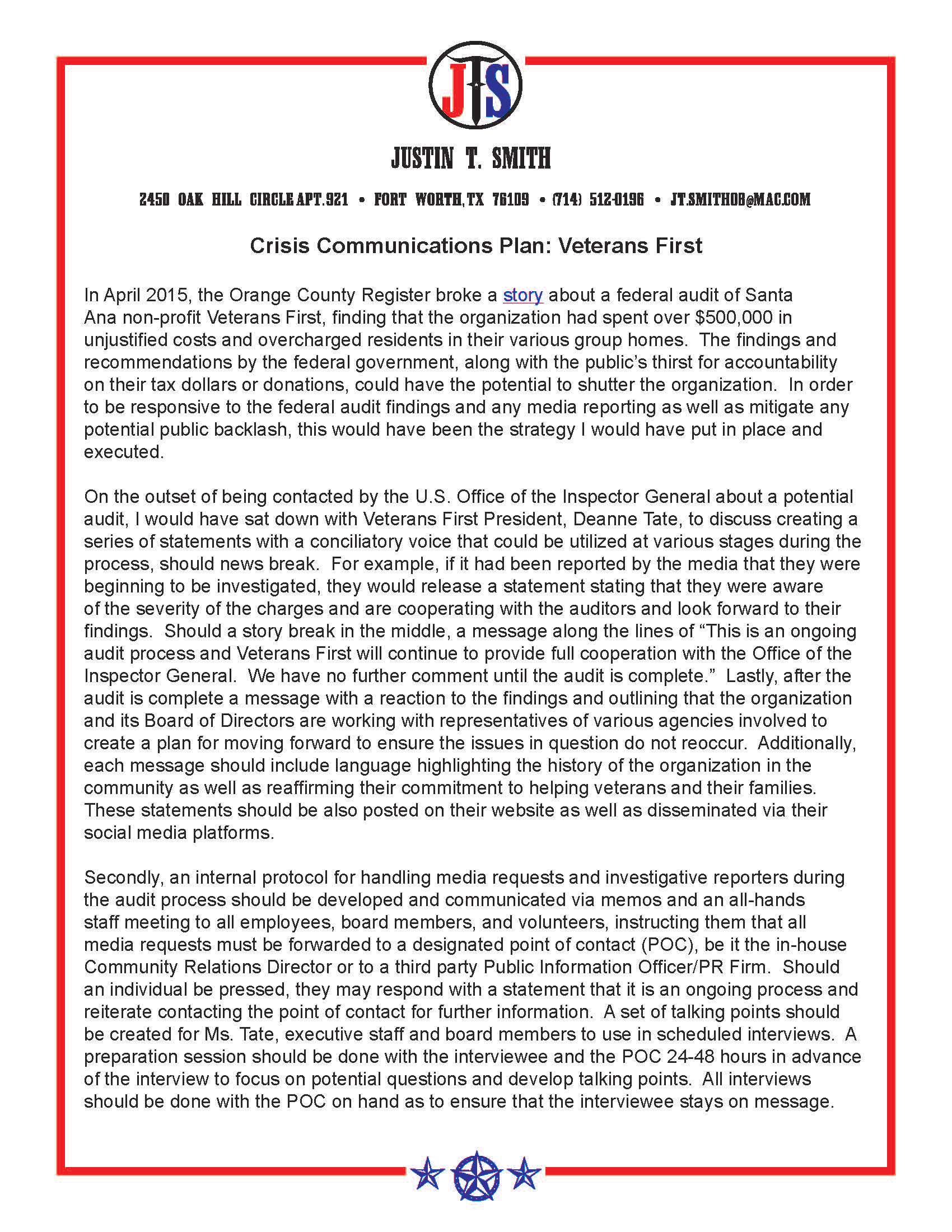 Crisis Communications Plan written as a strategy exercise based on Veterans First Orange County's federal audit in 2015. Written while unaffiliated.