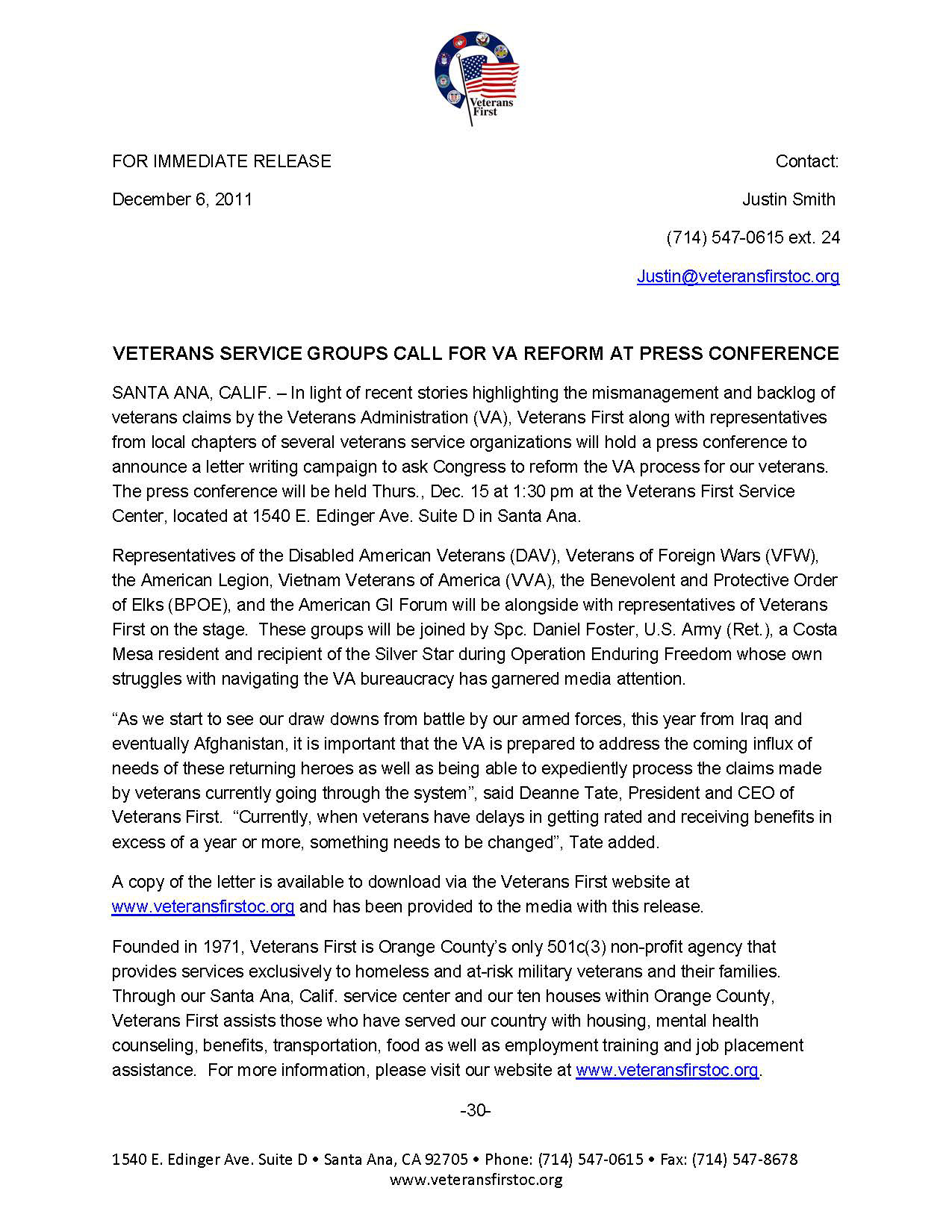 Press Release calling for reforms at the US Department of Veterans Affairs in 2011. Written as Community Relations Director at Veterans First Orange County (now Veterans Outreach OC).