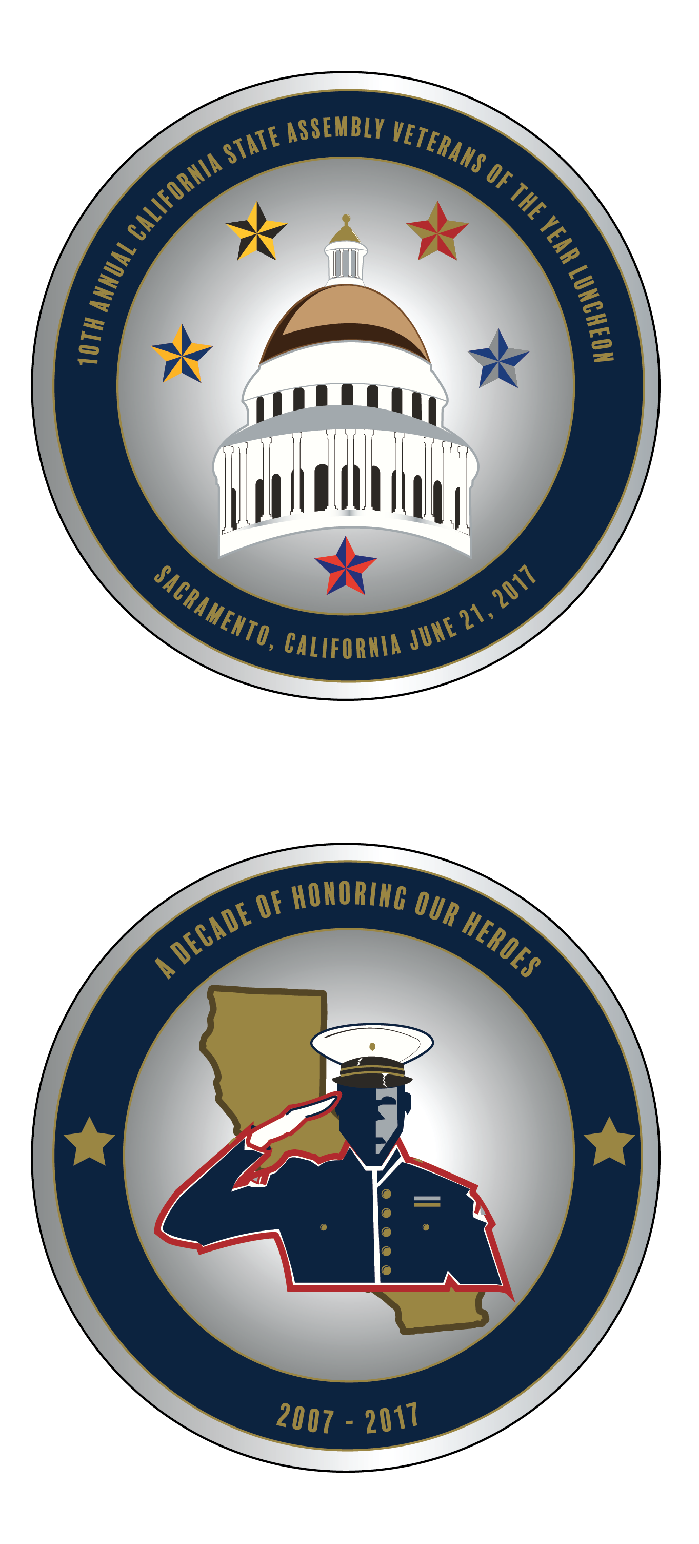 Challenge Coin created to celebrate the 10th Anniversary of the California State Assembly's Veteran of the Year event. The colors used were to represent the service branches. The soldier was colored in the scheme of the United States Marine Corps for 2017. Created in Adobe Illustrator.