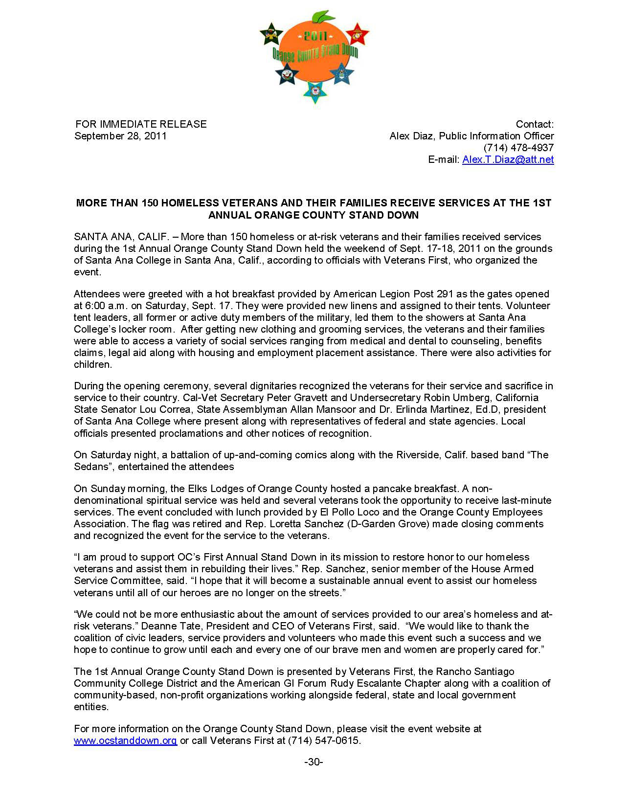 Press Release recapping the highlights of the first annual Orange County (CA) Veterans Stand Down event in fall 2011. Written as Community Relations Director on behalf of Veterans First Orange County (now Veterans Outreach OC).