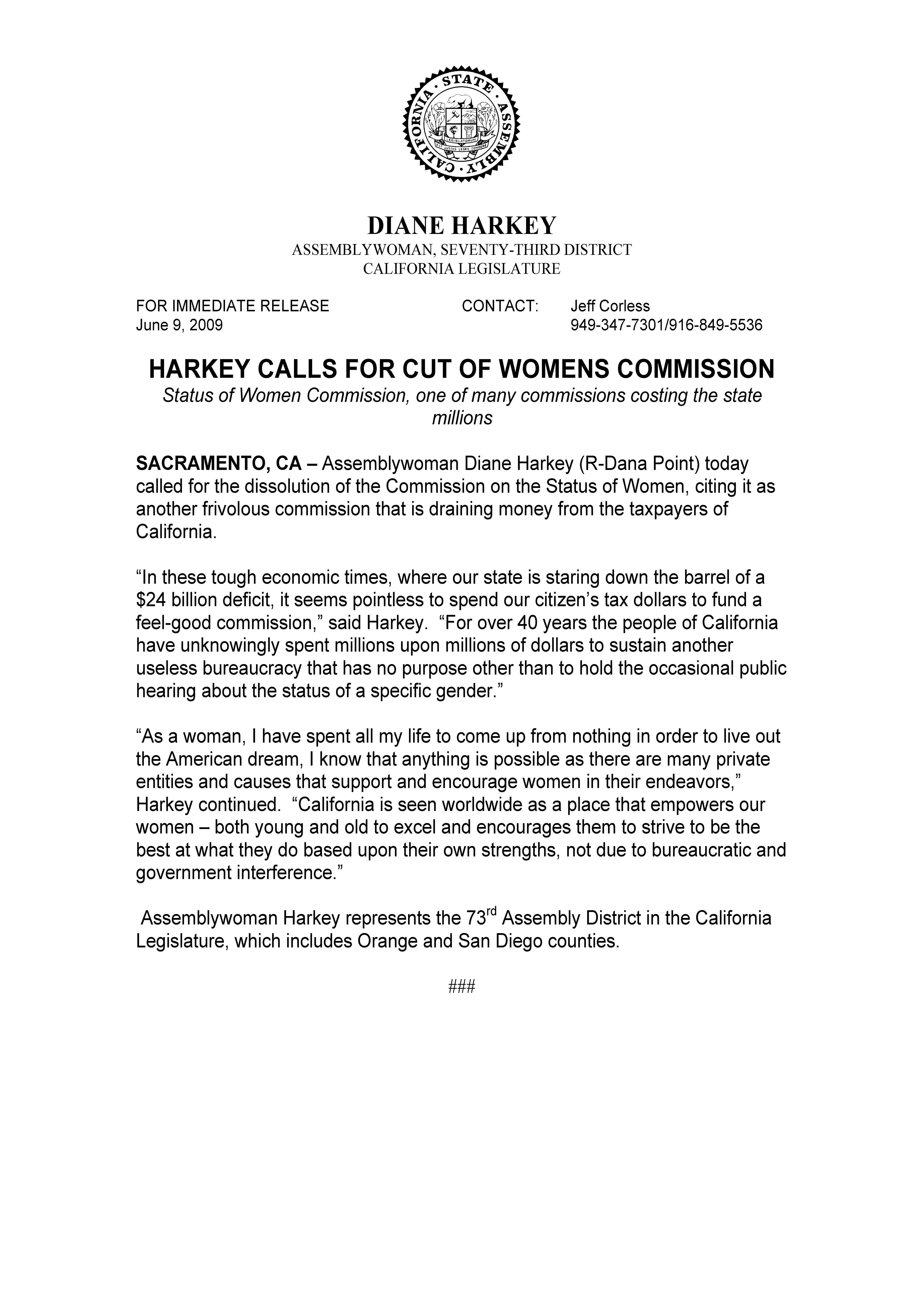 Press Release calling for the elimination of the California Commission on the Status of Women in 2009. Written as a District Representative on behalf of California State Assemblymember Diane Harkey (2008-2014).