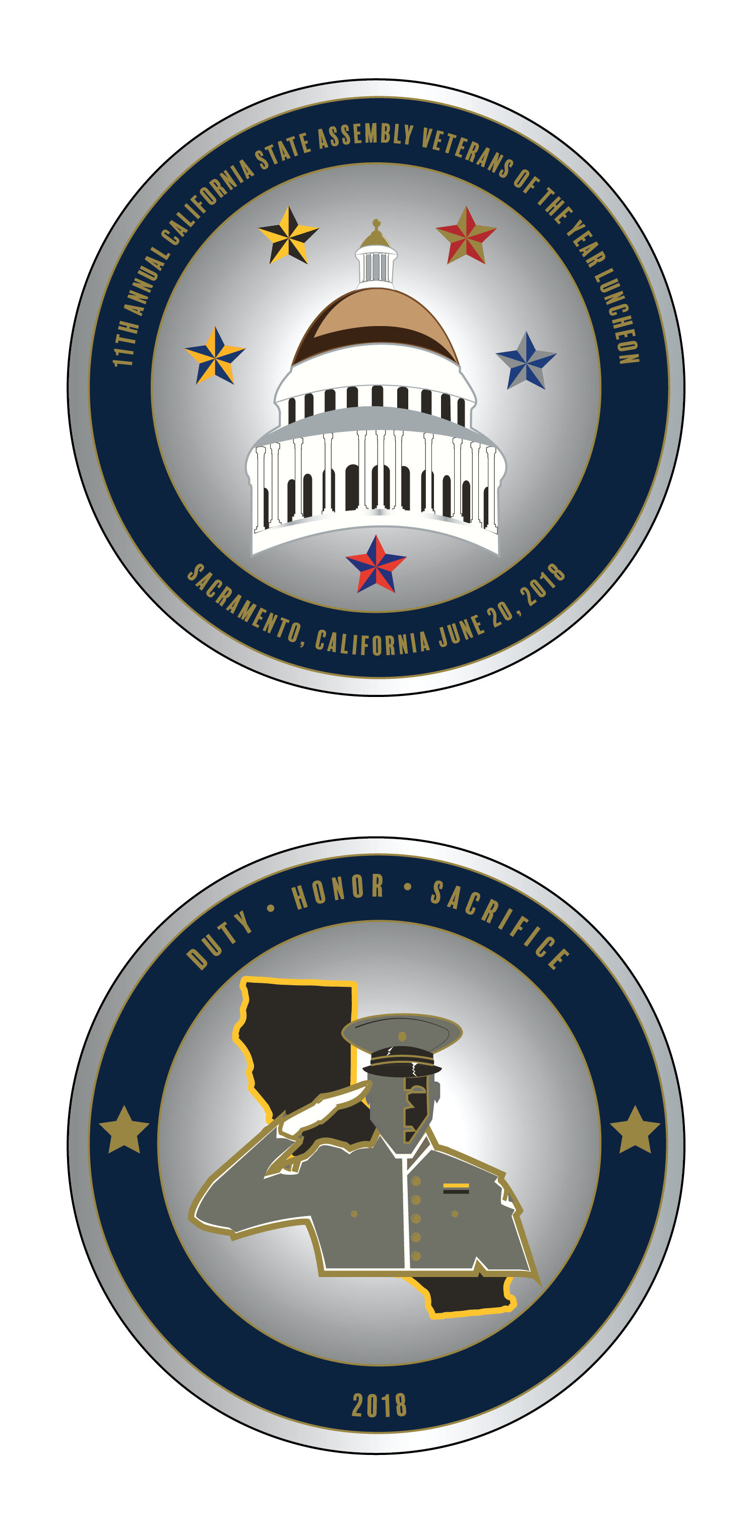 Updated design of the California State Assembly's Veteran of the Year event Challenge Coin for 2018. Minor recolors and text changes with the soldier recolored with the colors of the United States Army. Created in Adobe Illustrator.