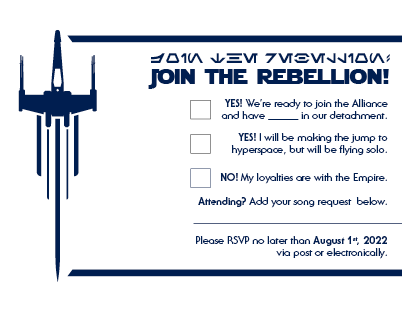 RSVP Postcard which continued the theming and typography in the information card. Created in Adobe Illustrator and InDesign.