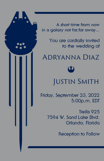 Wedding Invitation. The inspiration was to convey the Star Wars theme of the wedding but in a classy, almost Art Deco design using silhouettes of the ships moving upwards. The typography used was to pay tribute to the 1977 poster as well as the prequel trilogy on the names. Created using Adobe Illustrator and InDesign.