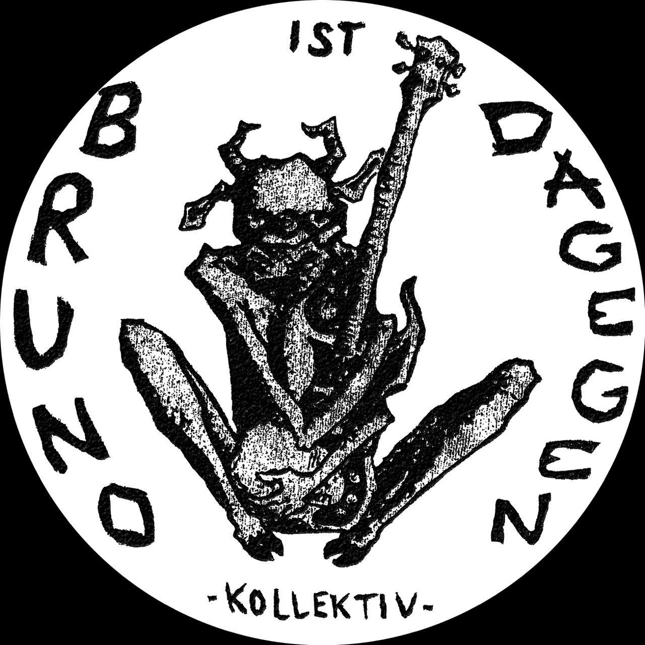 Das Bild zeigt ein rundes Logo des Awareness Collective “Bruno ist dagegen” mit schwarzem Text und einer Zeichnung auf weißem Hintergrund. In der Mitte befindet sich eine stilisierte, sitzende Kuh mit Hörnern, die einen Bass umklammert. Um das Bild herum ist in großen, handgeschriebenen Buchstaben folgender Text angeordnet: Links: "BRUNO" Rechts: "DAGEGEN" Oben, zwischen den Buchstaben: "IST" Unten: "-KOLLEKTIV-" Der Zeichenstil des Bildes ist grob und erinnert an Punk- oder DIY-Ästhetik, was zu einem rebellischen und alternativen Gefühl beiträgt.