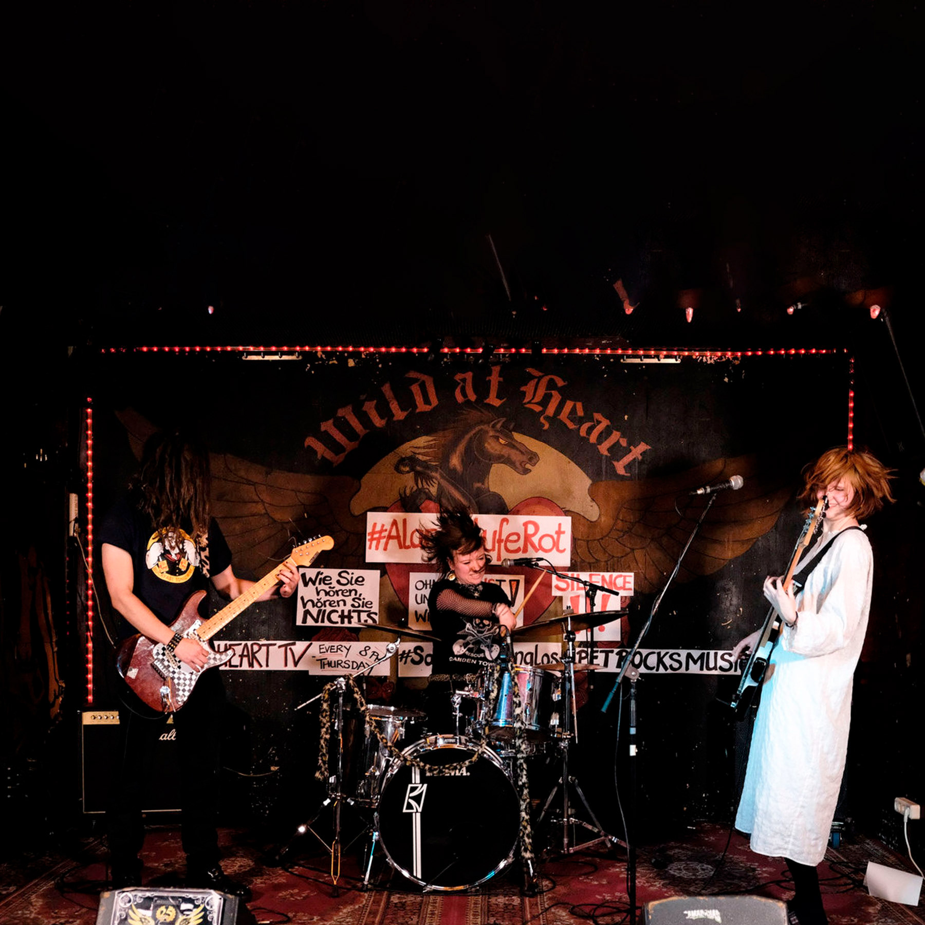 Bandfoto von Banana of Death, wie sie im Wild at Heart auf der Bühne stehen. Die Basserin trägt einen Laborkittel.