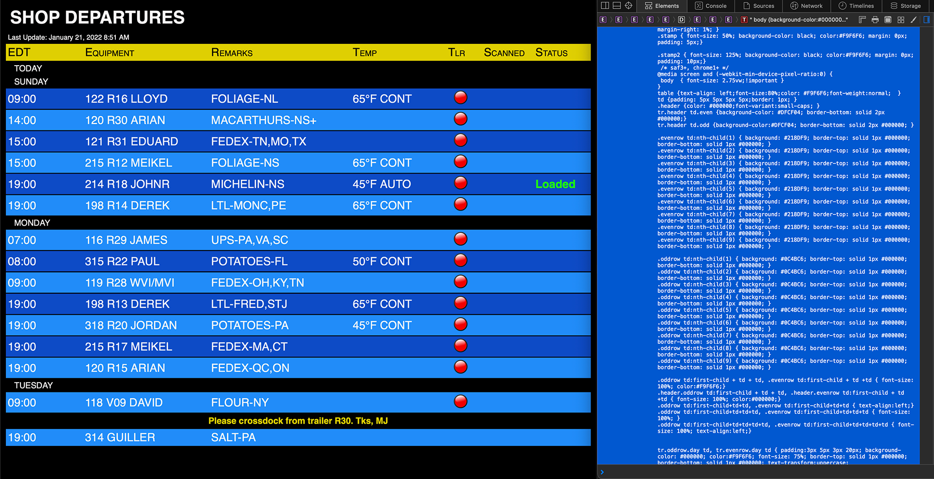 Truck Departure Status Screen
