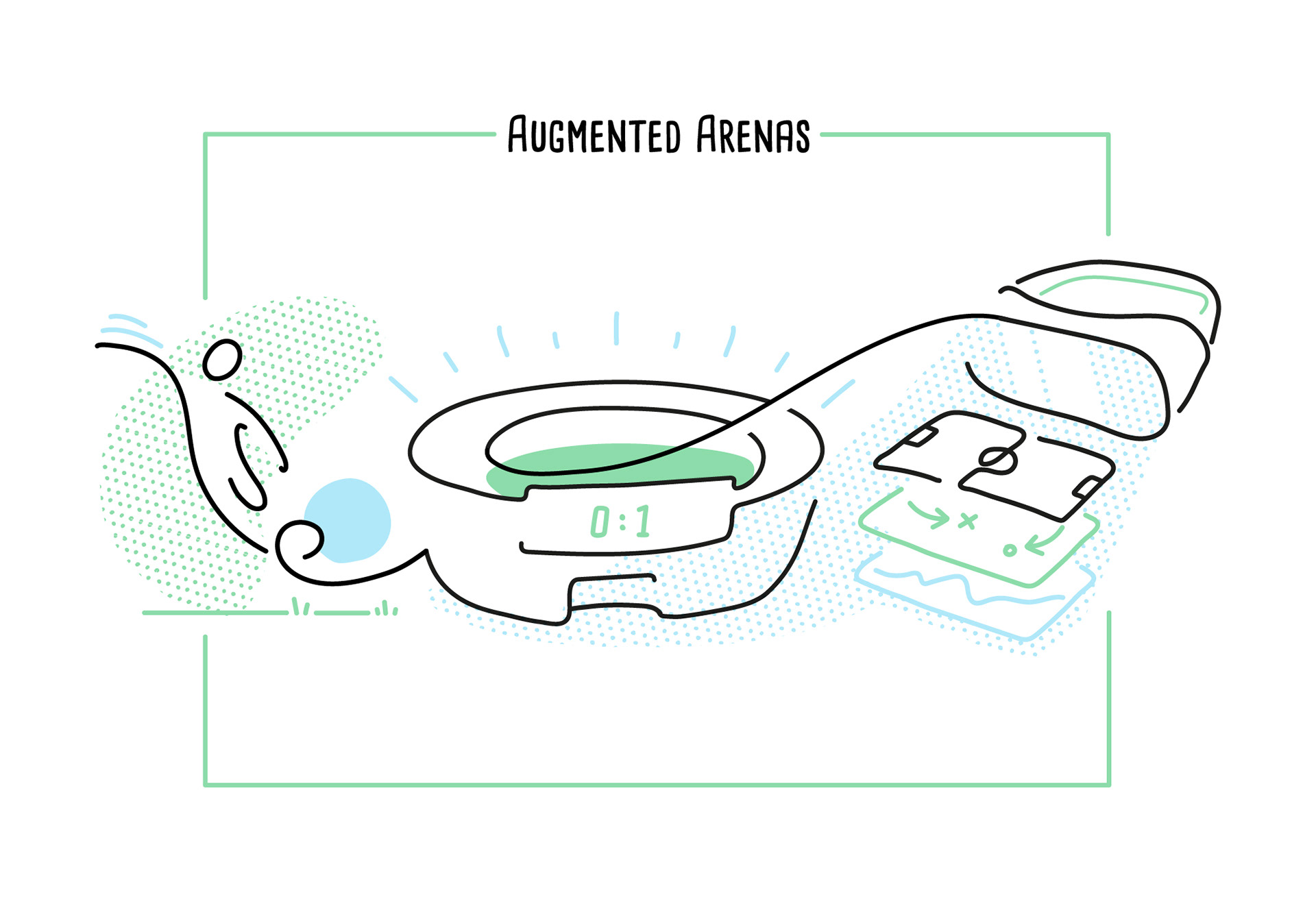 Editorial illustration with soccer player, stadium, VR headset and real time data and game insights