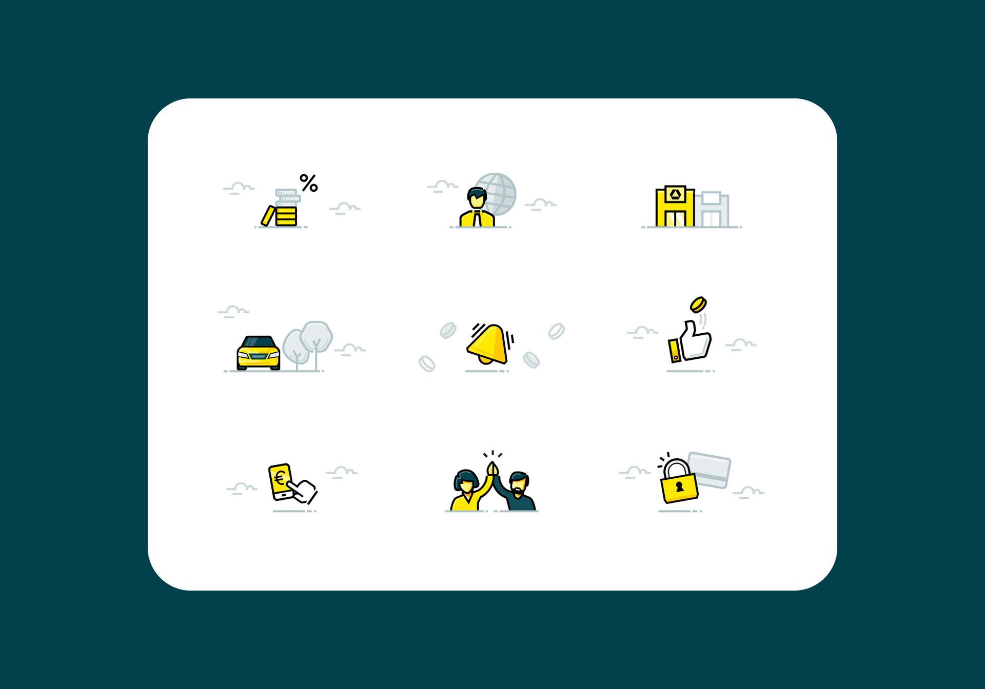 Illustrations utilising icon set elements optimising production workflow and brand recognition