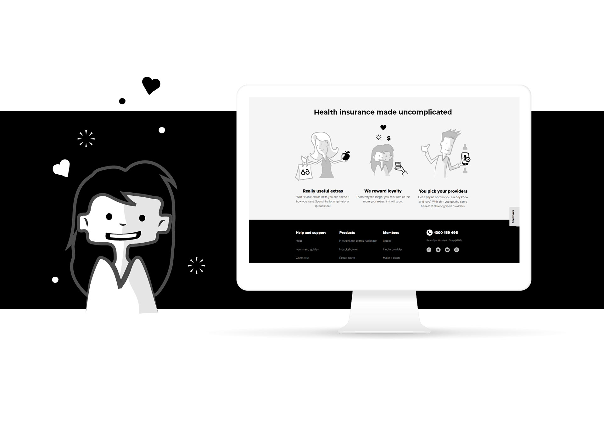 Desktop website mockup displaying an onboarding interface paired with a prominent character illustration, showcasing a visual framework built to drive long-term user retention.