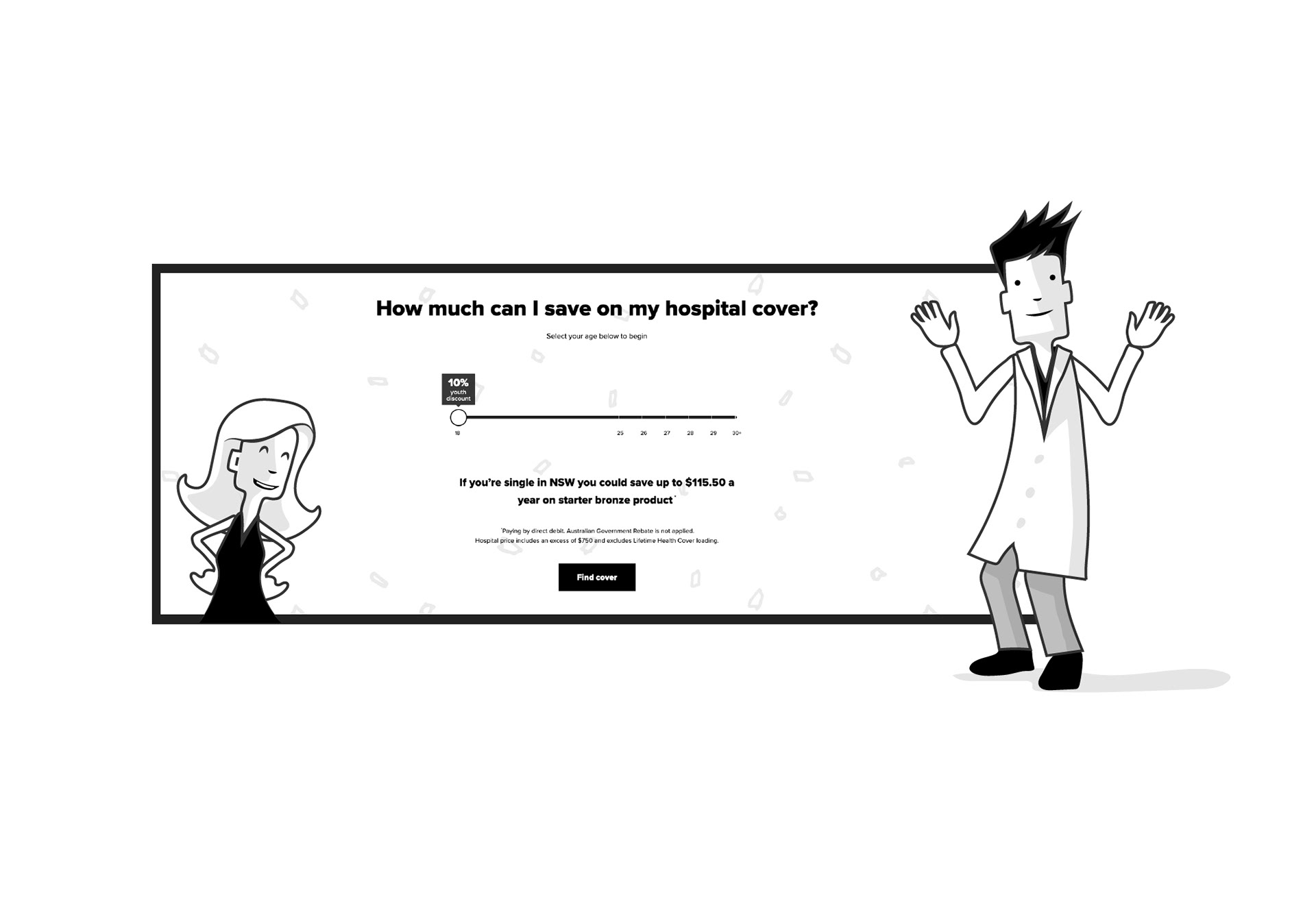 Web interface layout for an interactive savings estimator tool, using friendly character illustrations to make complex insurance data approachable and build user trust.
