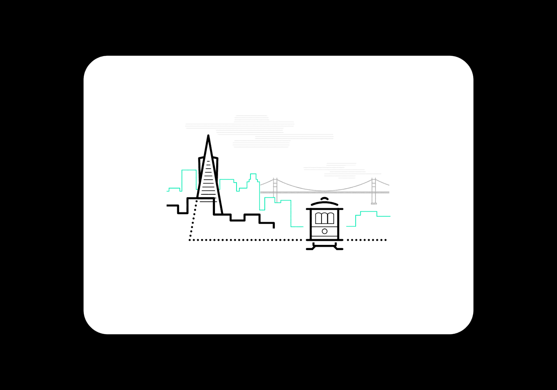 Brand illustration featuring US cities including New York, Los Angeles, San Francisco, Seattle and more