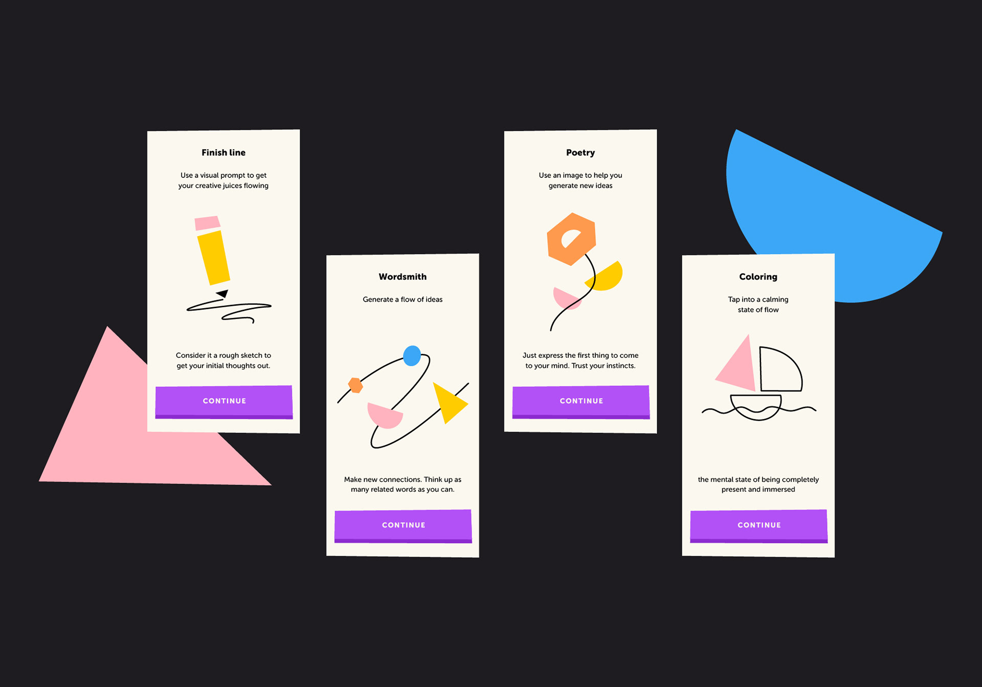Four light-themed task interface screens layered over large abstract geometric primitives, demonstrating how a flexible illustration-led framework scales across layouts.
