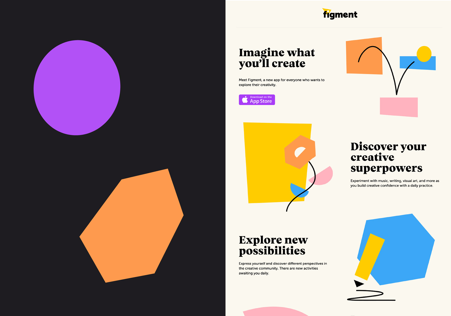 A desktop marketing landing page layout for Figment displaying bold editorial typography alongside a high-craft modular illustration system that scales effortlessly across screens.