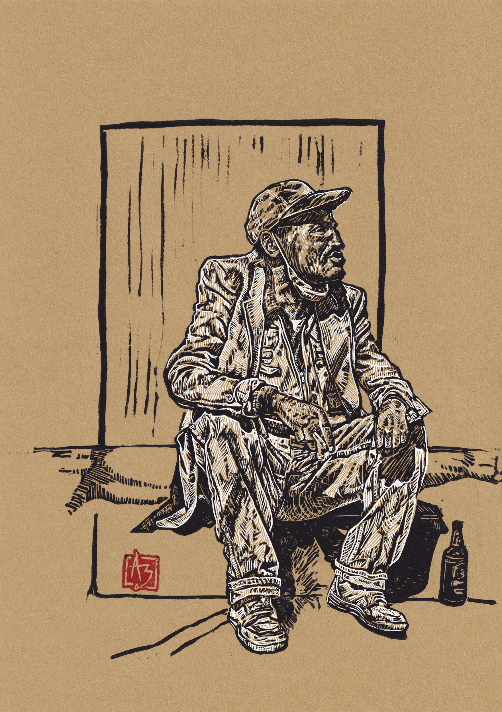 Linocut with white ink