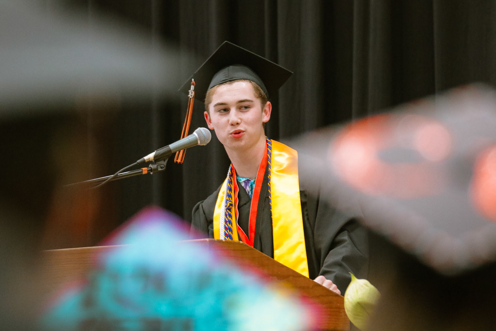 Tyler Van Patten, one of Burlington's two valedictorians, speaks to student at Burlington High School's graduation ceremony, June 7, 2019.