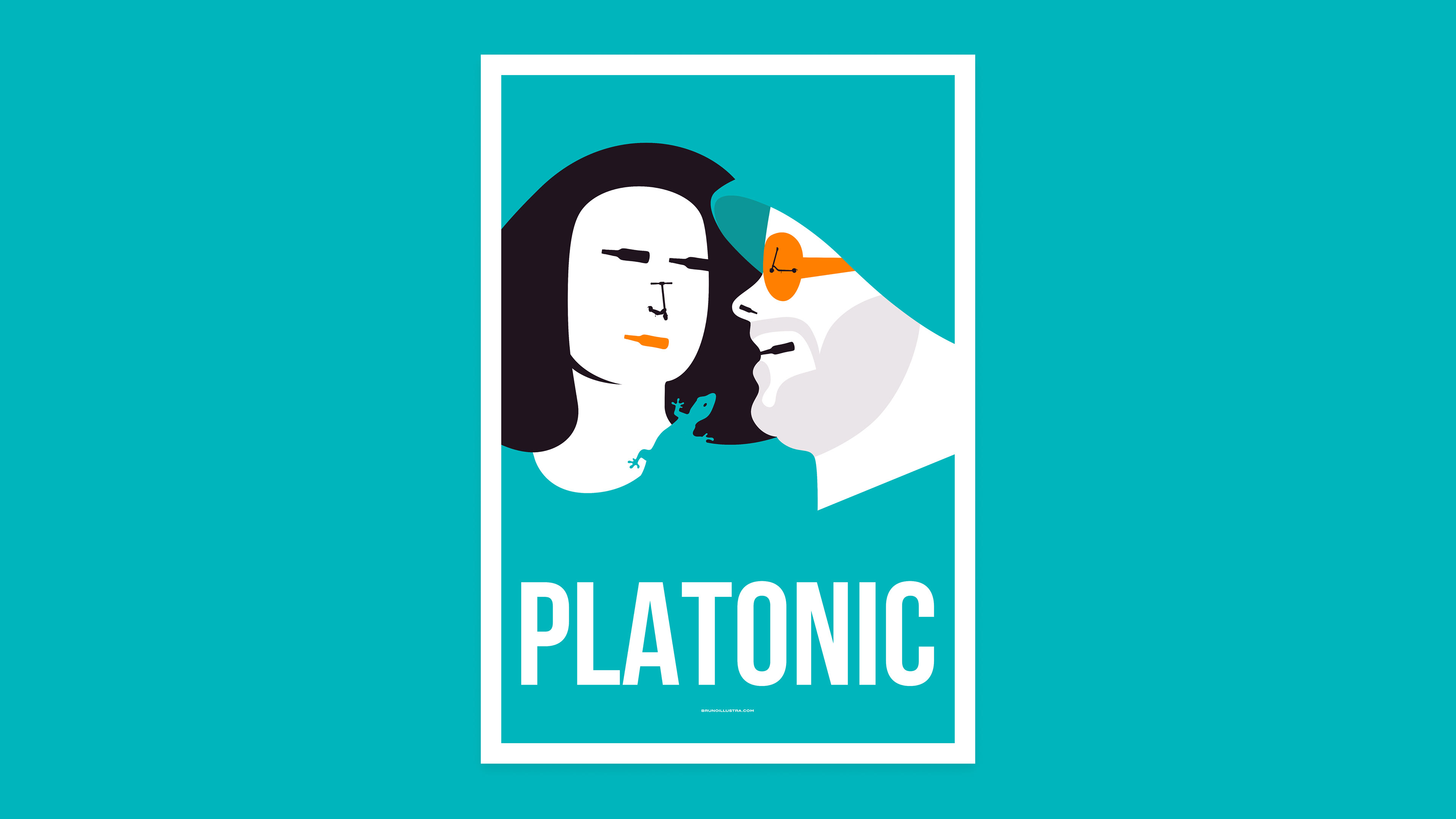 Minimalist poster of Platonic, highlighting Sylvia and Will, whose faces are formed by iconic elements from the show, including the bar bottles and scooters.
