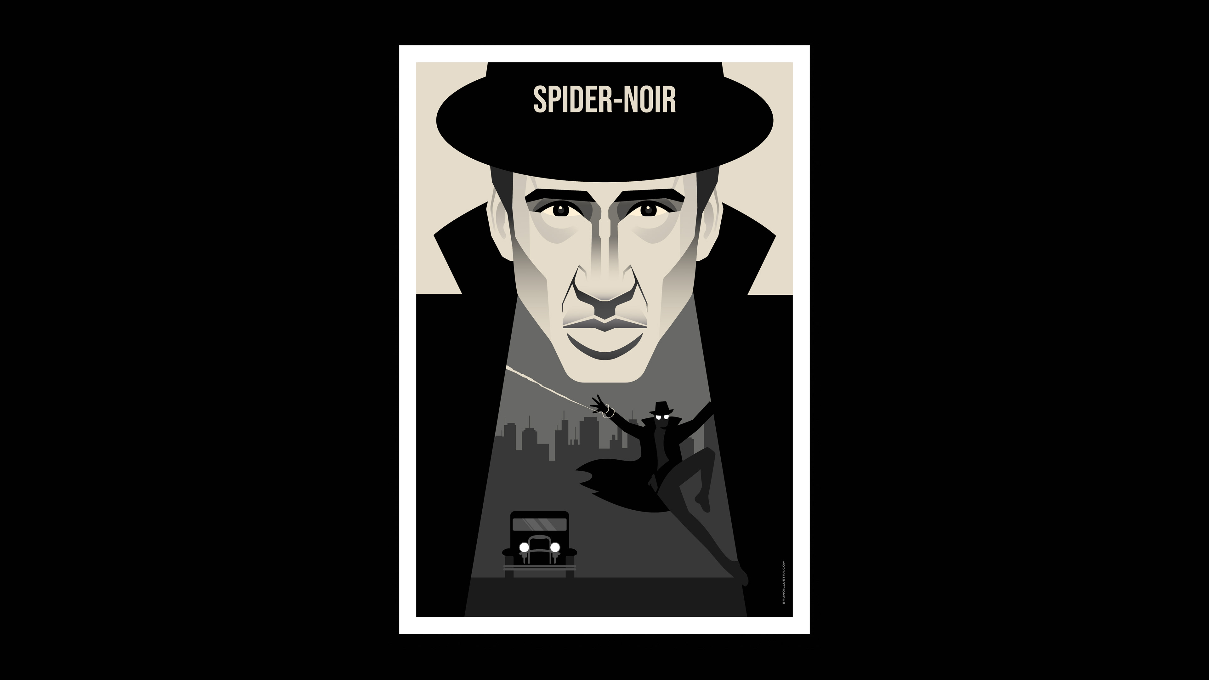 Minimalist poster of Spider-Noir, featuring Spider-Man Noir’s silhouette with negative space revealing a city and Spider-Man in action.