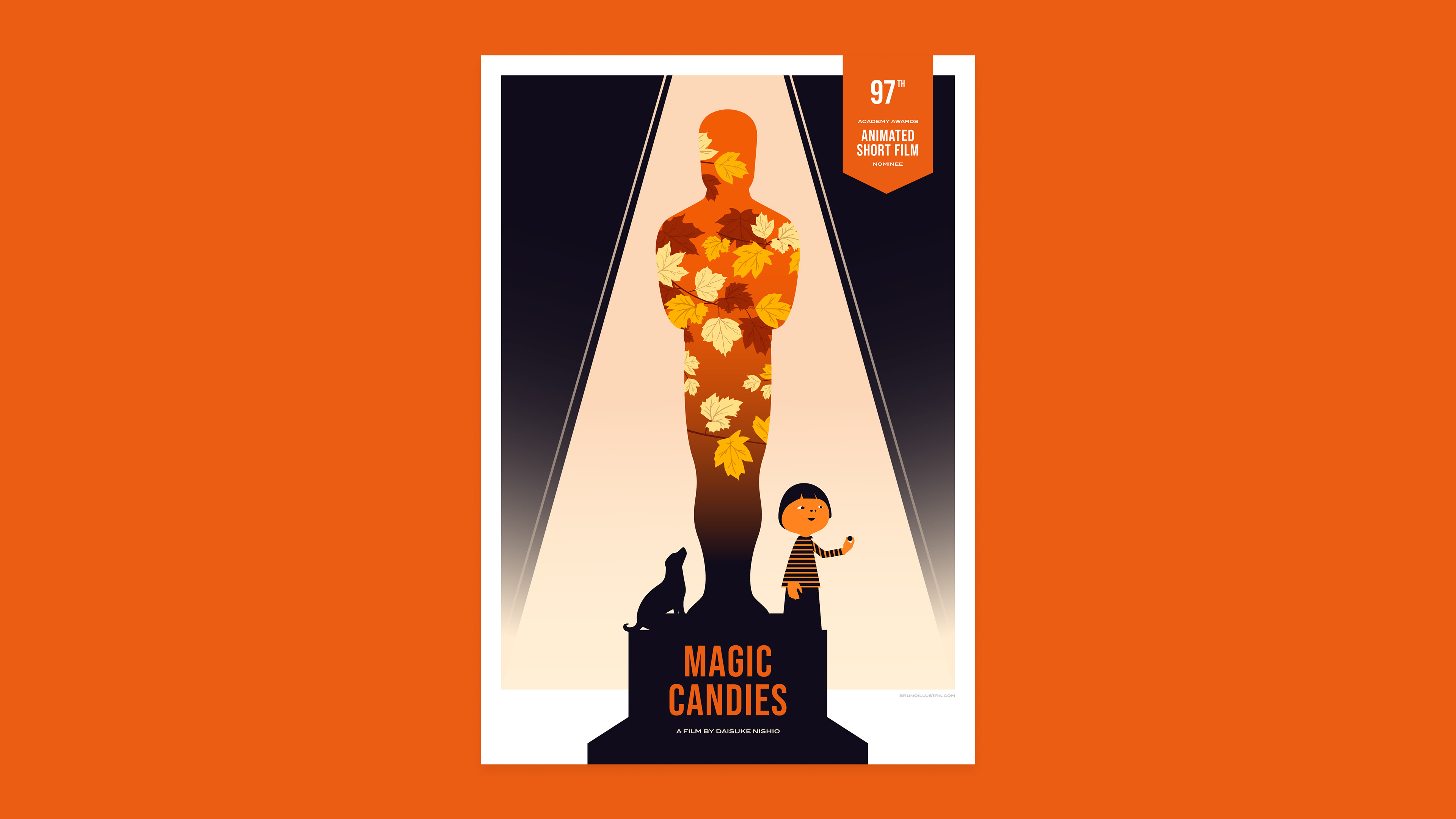 Minimalist poster of Magic Candies, featuring Dong-Dong’s silhouette with Gusuri the dog, with leaves symbolizing the emotions awakened by the magical candies.
