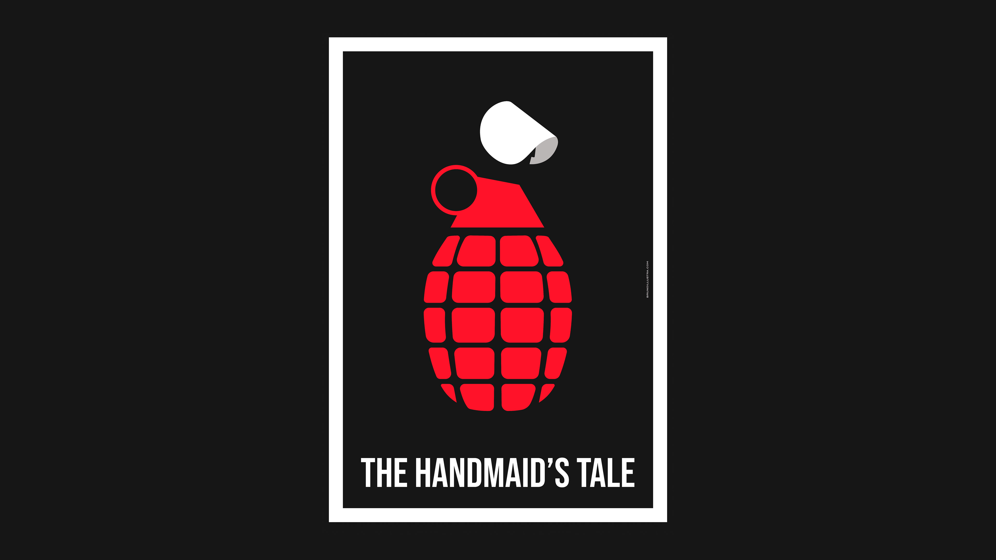 Minimalist poster of The Handmaid’s Tale, featuring the silhouette of a handmaid’s bonnet and a red grenade.