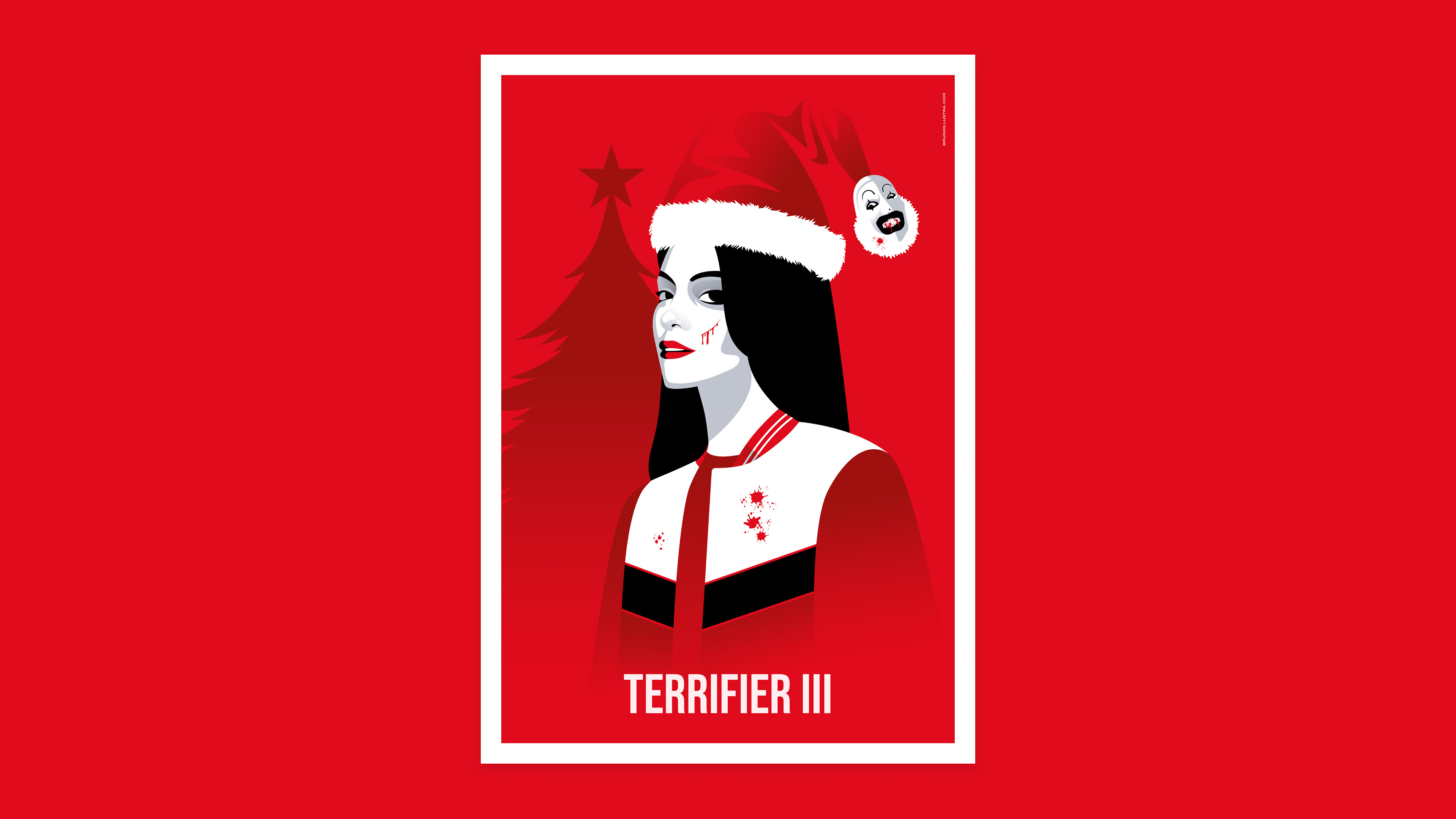 Minimalist poster of Terrifier 3, featuring Sienna wearing a Santa hat, with Art the Clown disguised as the pompom, symbolizing his unexpected presence.