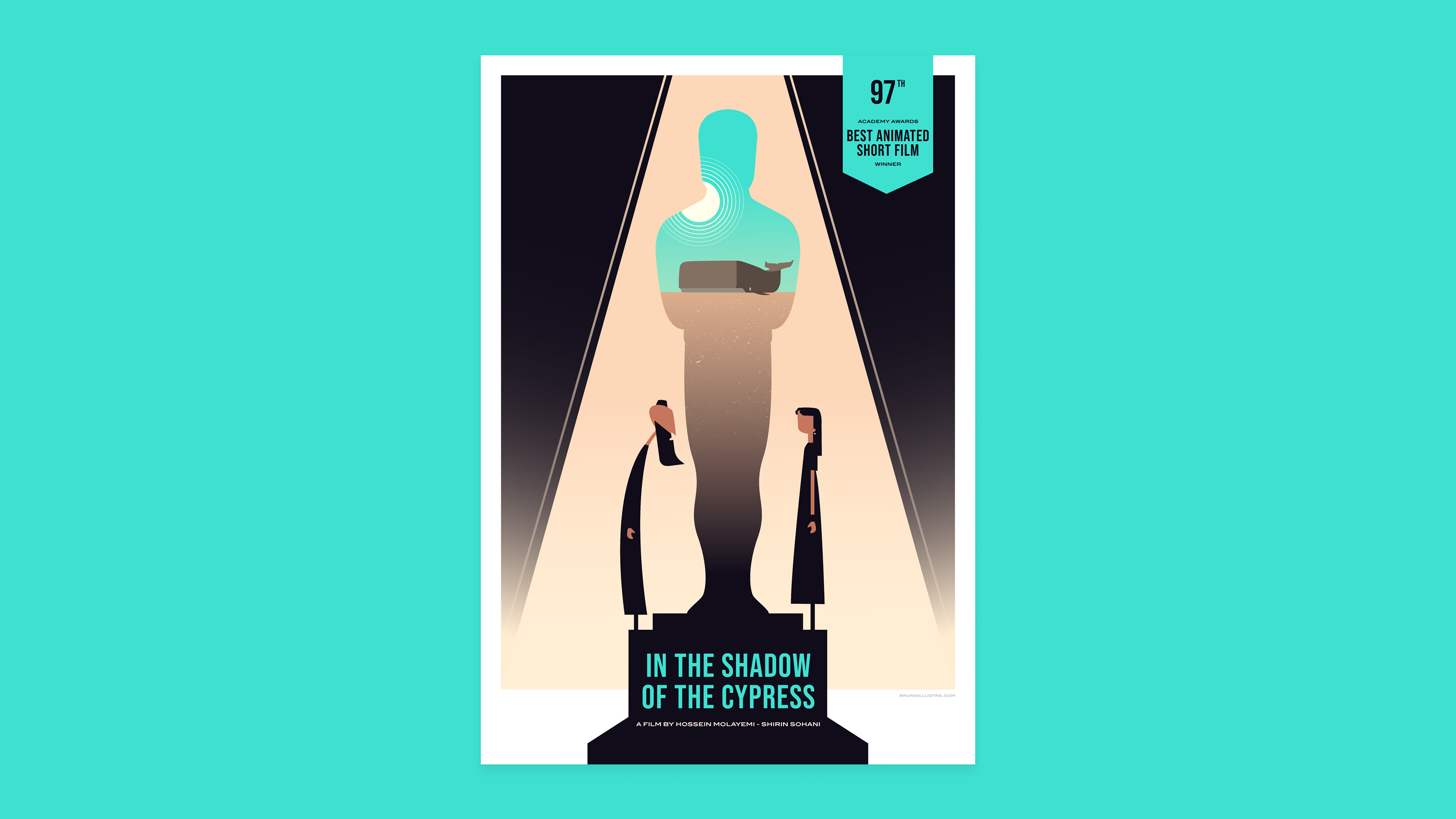 Minimalist poster of In The Shadow of the Cypress, featuring the silhouettes of the captain and his daughter, with the Oscar statuette’s negative space forming a whale.