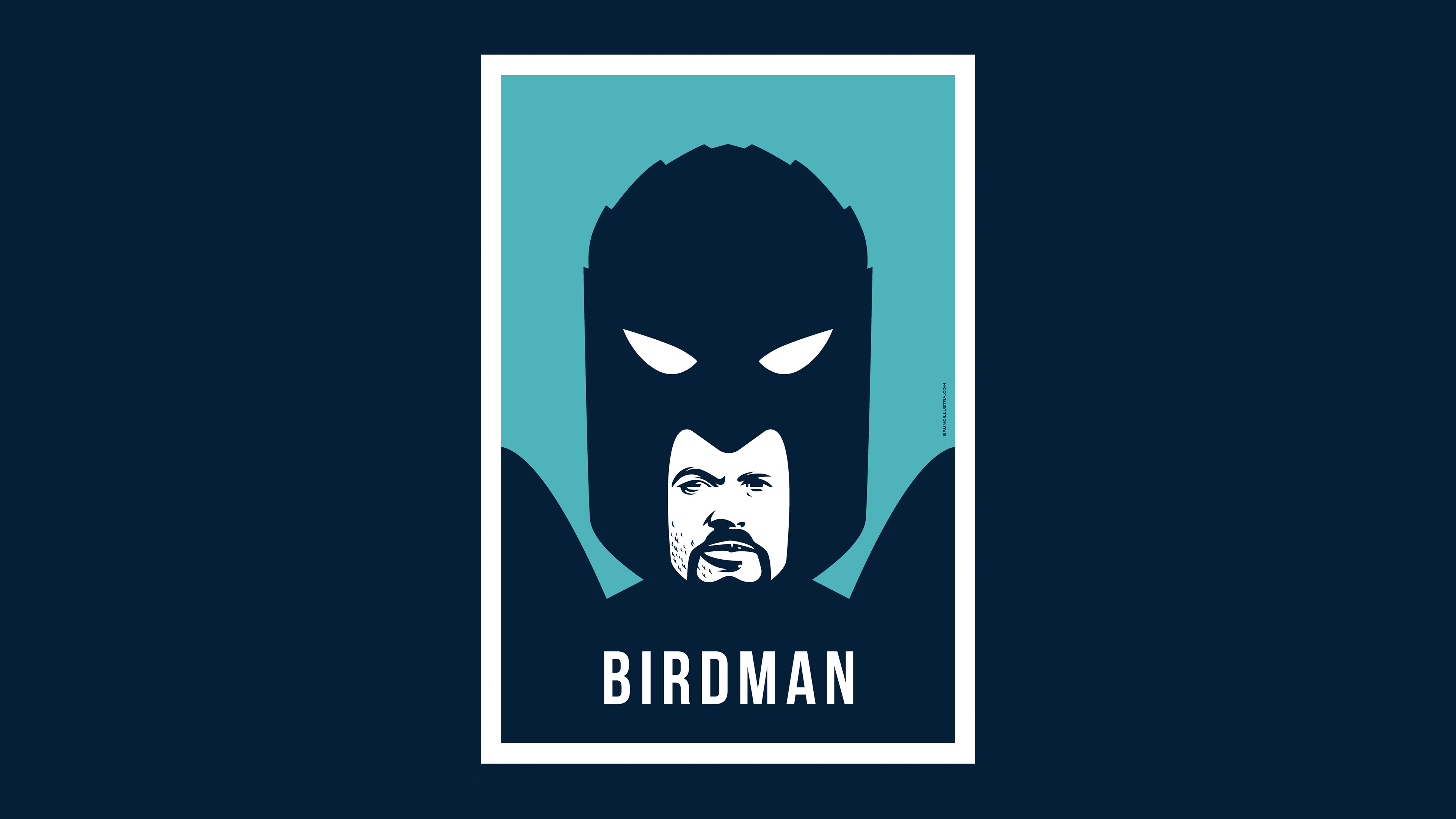 Minimalist poster of Birdman, representing Riggan Thomson with an asymmetrical face, symbolizing his emotional turmoil, standing in front of Birdman’s silhouette.