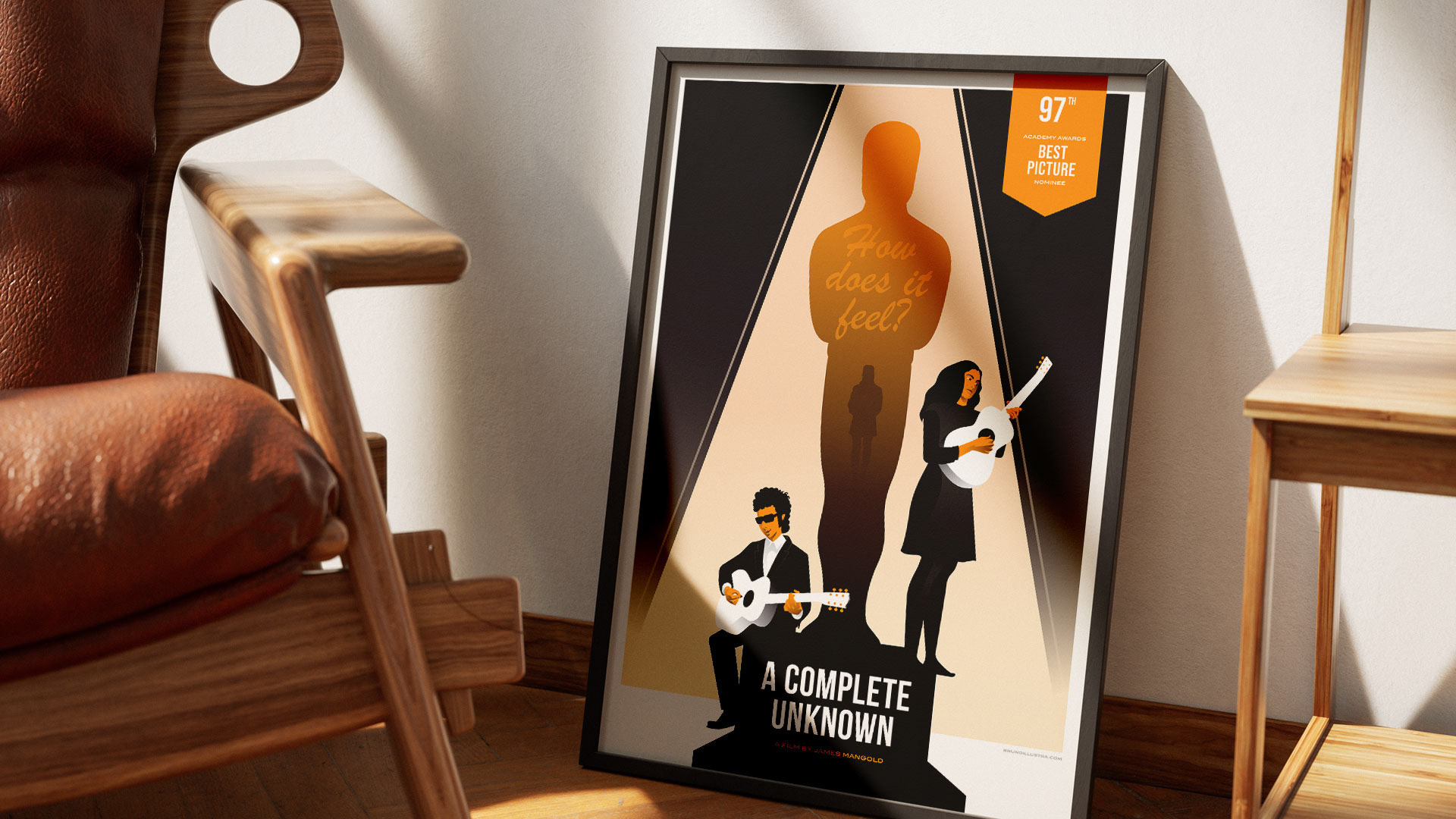 Bob Dylan, Joan Baez, and Sylvie Russo visualized in a symbolic love triangle from the film A Complete Unknown.