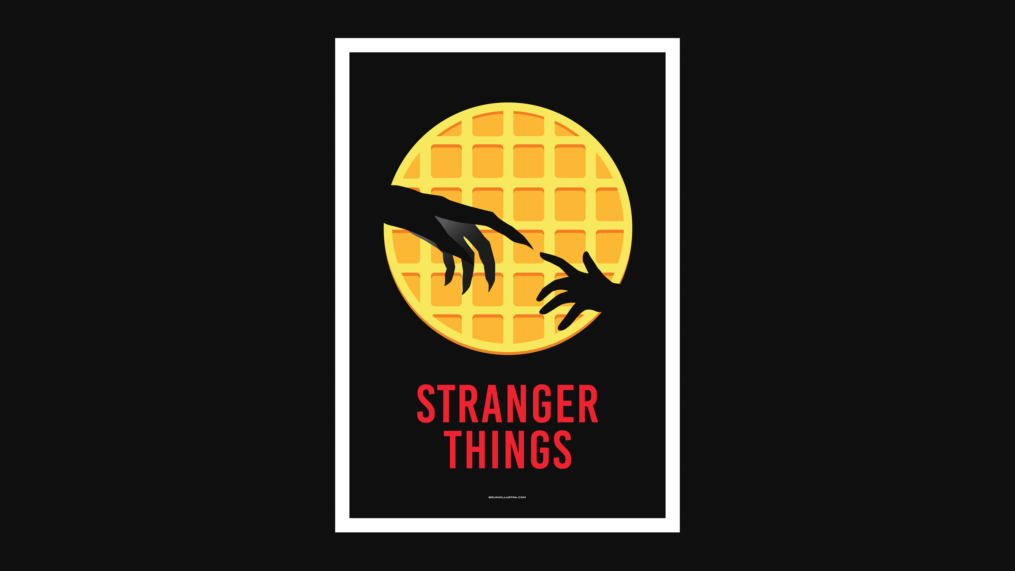 Minimalist poster of Stranger Things, featuring Eleven’s hand confronting the Demogorgon, with the moon referencing E.T. and the waffles Eleven loves.