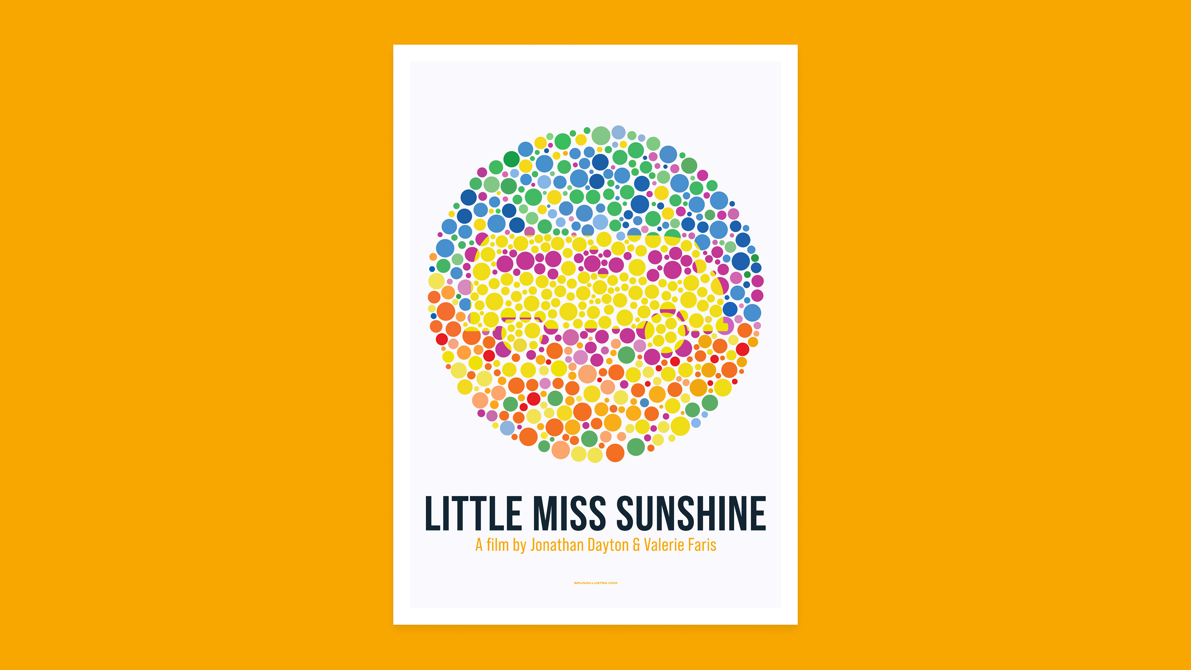 Minimalist poster of Little Miss Sunshine, featuring the Hoover family’s iconic yellow van, referencing Dwayne’s color blindness test.