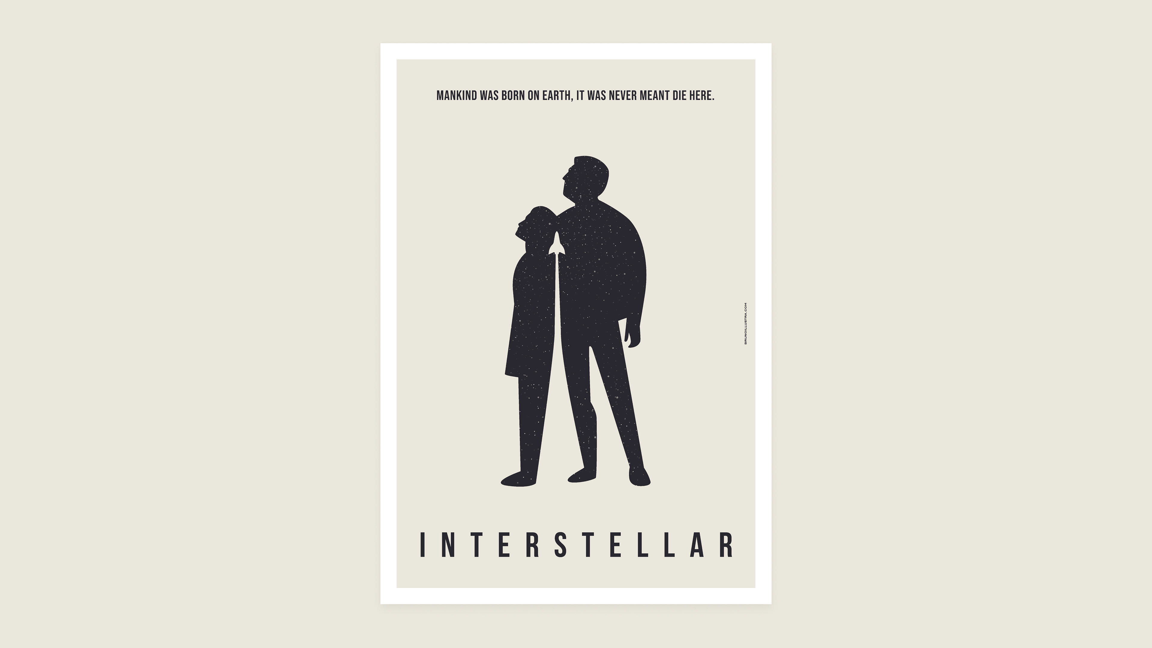 Minimalist poster of Interstellar, featuring Cooper and Murphy looking into space with a rocket between them, symbolizing time and separation.