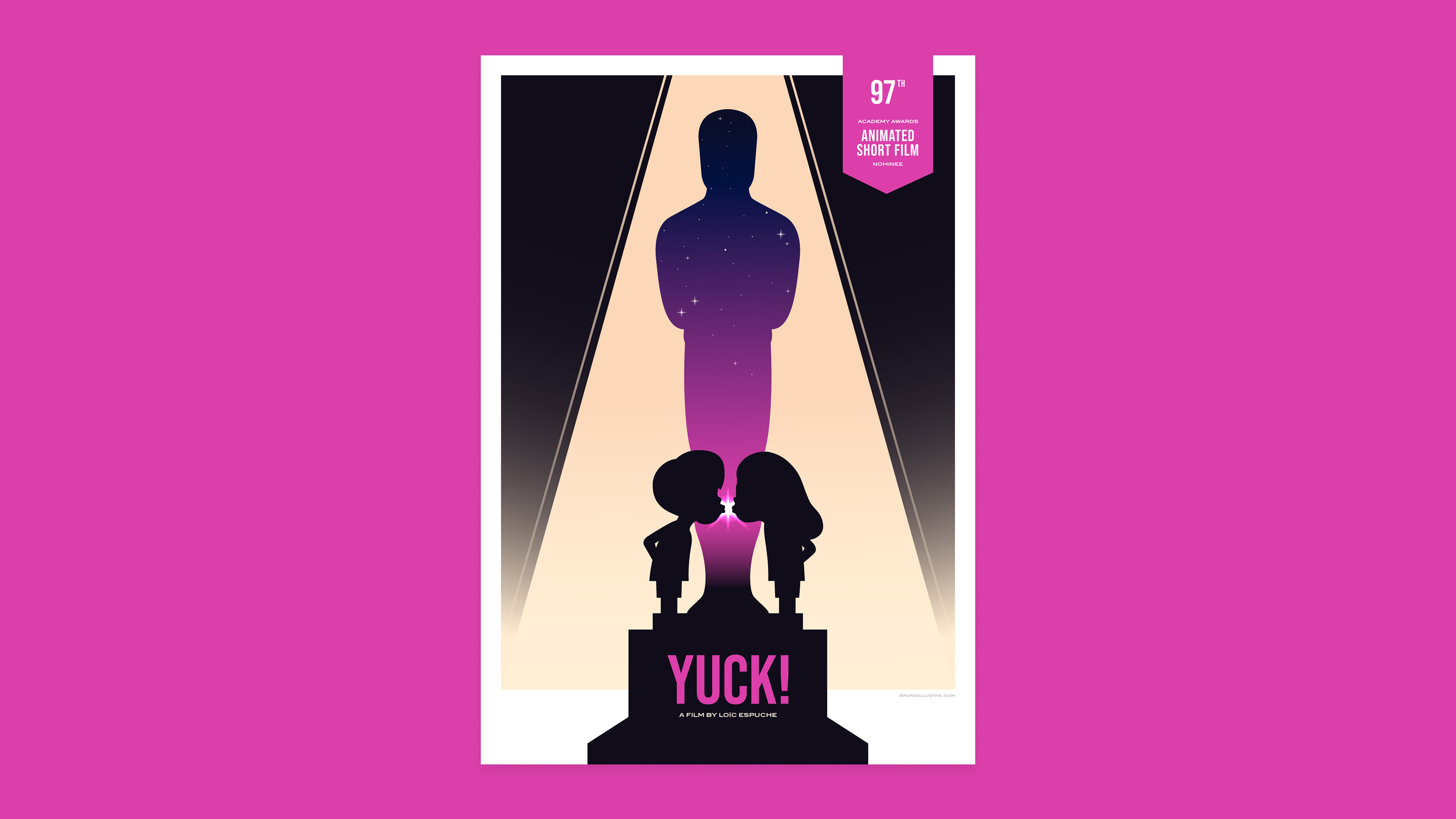 Minimalist poster of YUCK!, featuring the silhouettes of Léo and Lucie with the Oscar statuette in negative space, symbolizing the film’s pivotal moment.