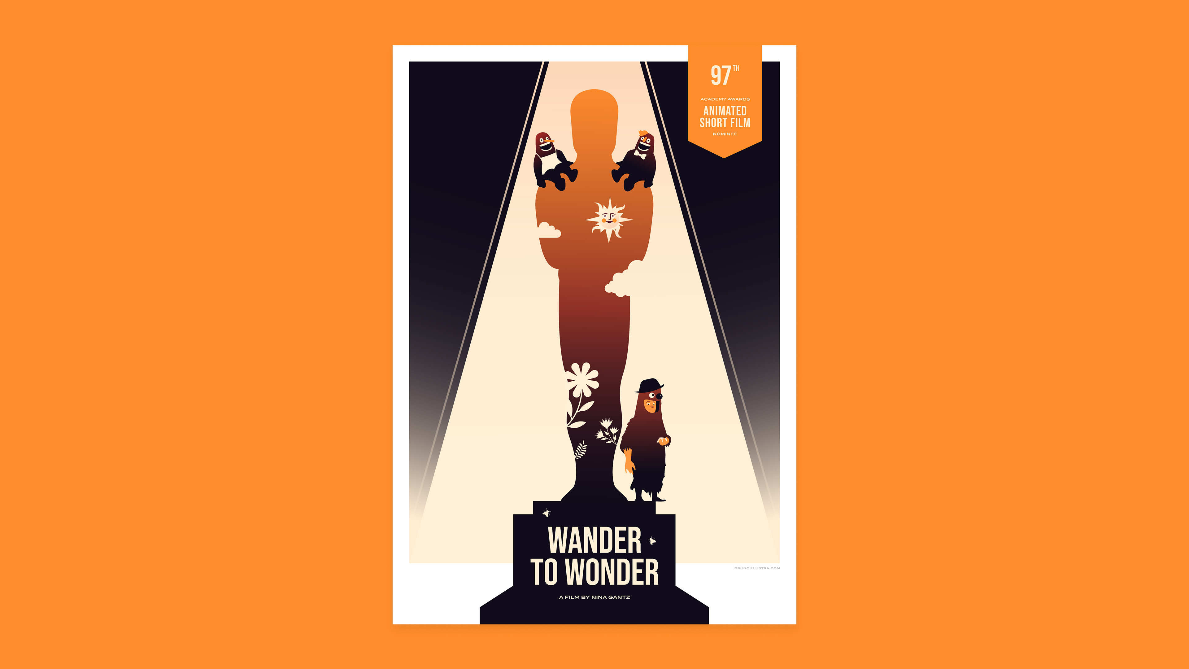 Minimalist poster of Wander to Wonder, featuring the silhouettes of Mary, Billybud, and Fumbleton, with the Oscar statuette representing their struggles.
