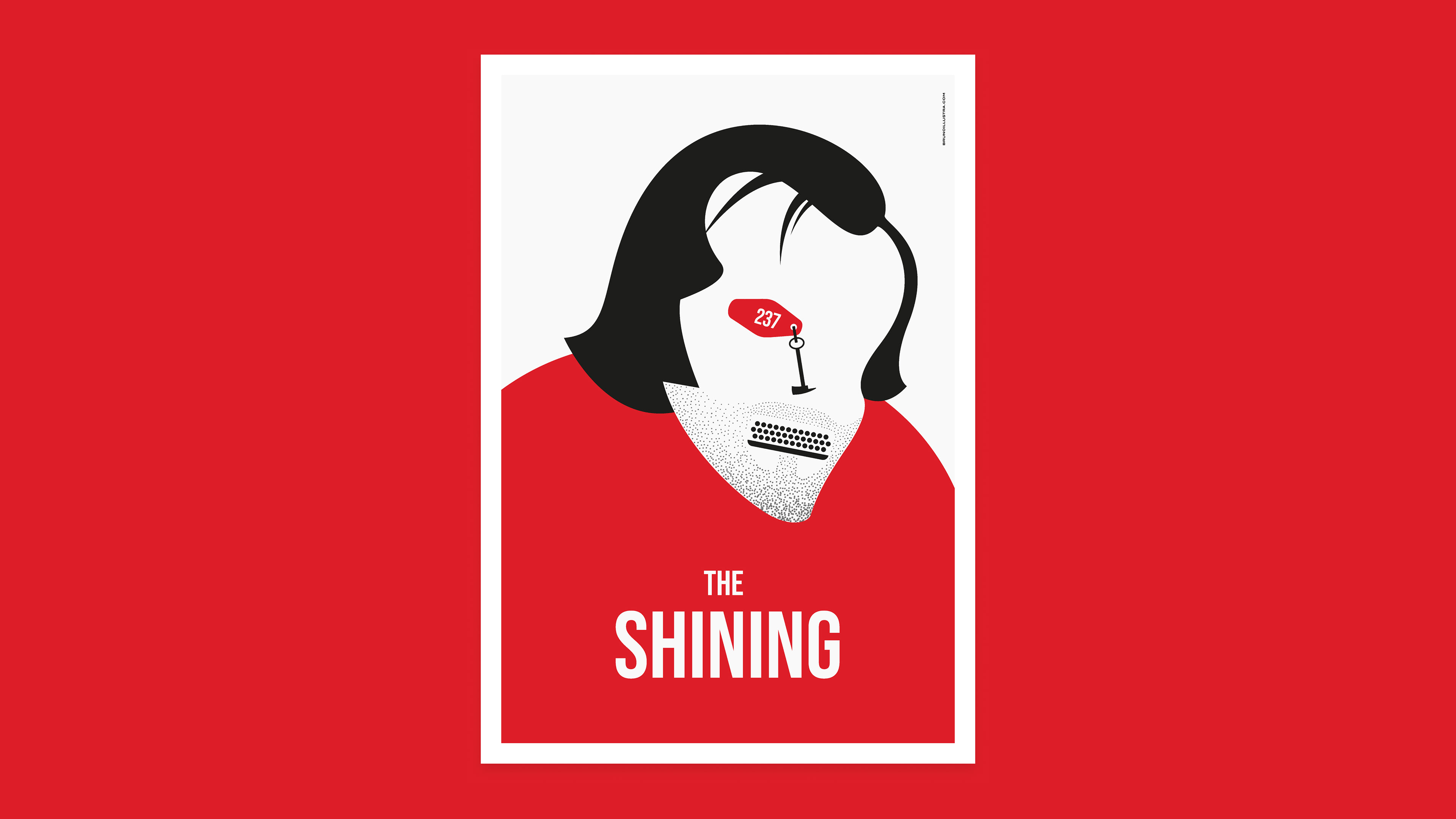 Minimalist poster of The Shining, featuring Jack Torrance’s face composed of the Room 237 keychain, a key-axe, and a typewriter.