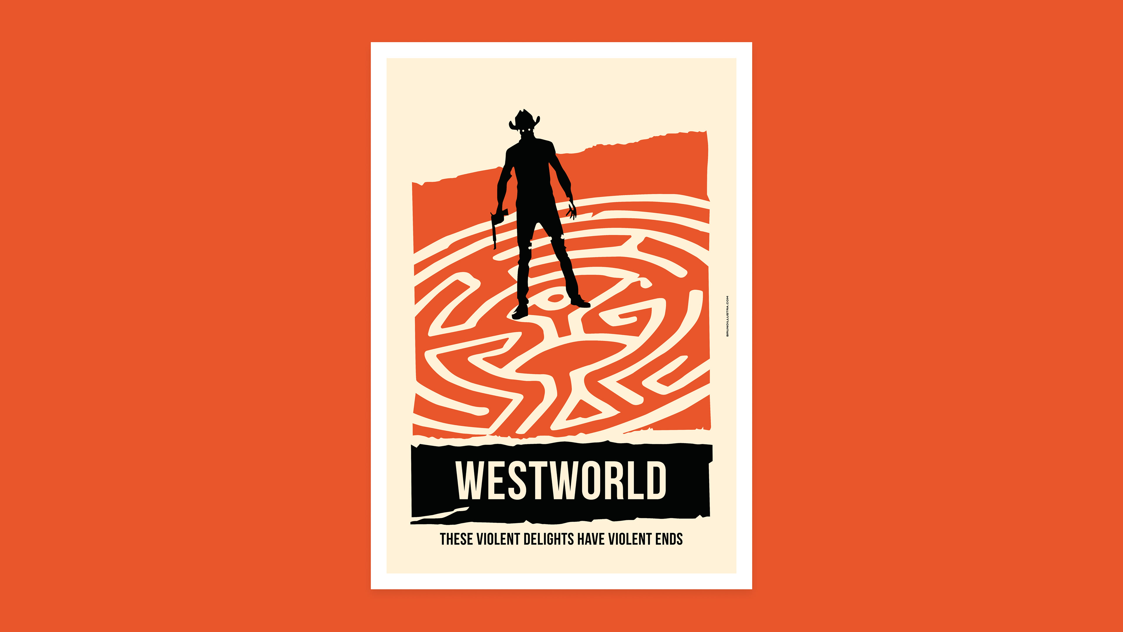 Minimalist poster of Westworld, featuring The Man in Black with a maze symbol at the center, representing consciousness and transformation.