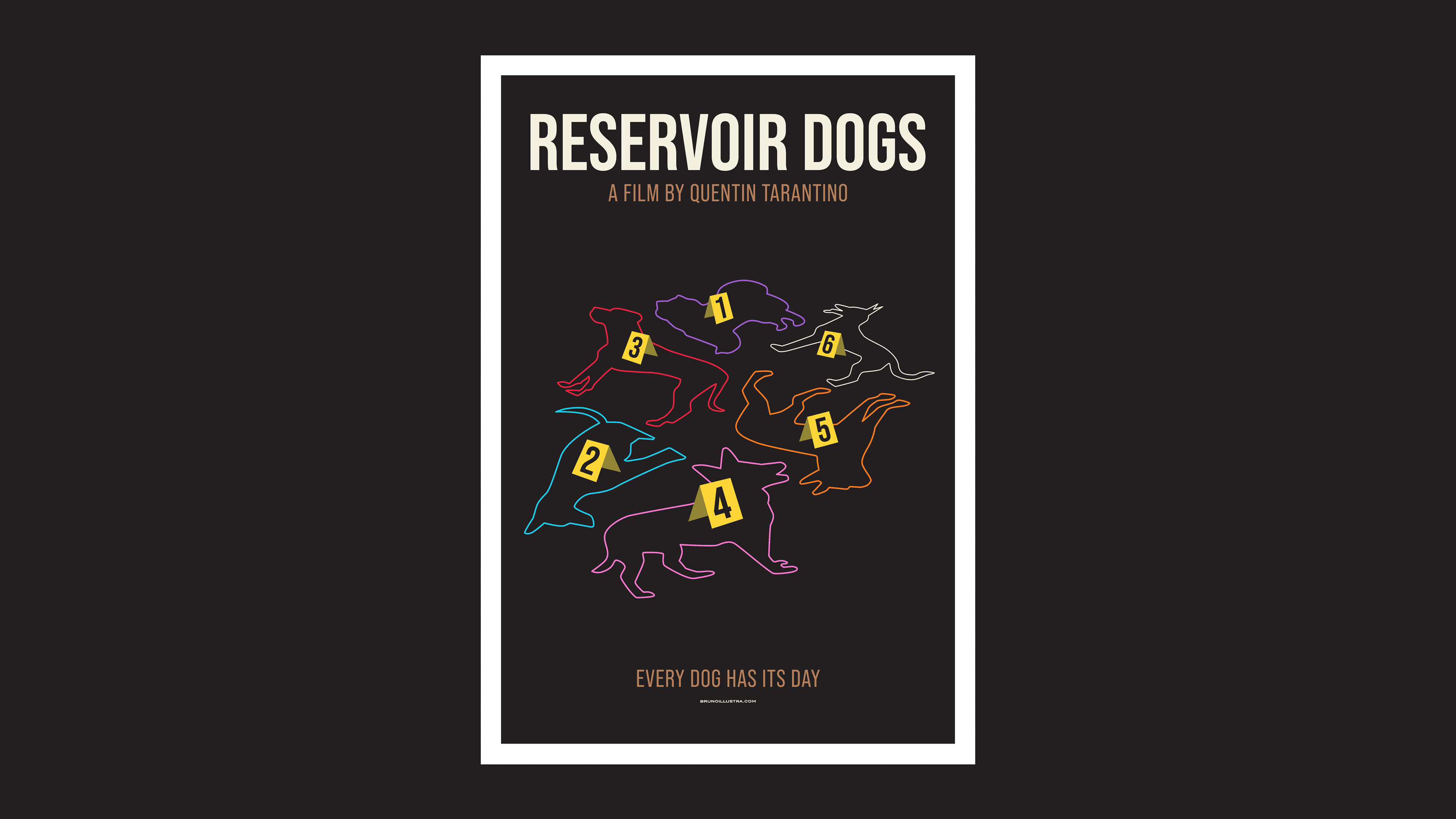 Minimalist poster of Reservoir Dogs, featuring the characters' silhouettes shaped like dogs, each with a different color representing their codenames.