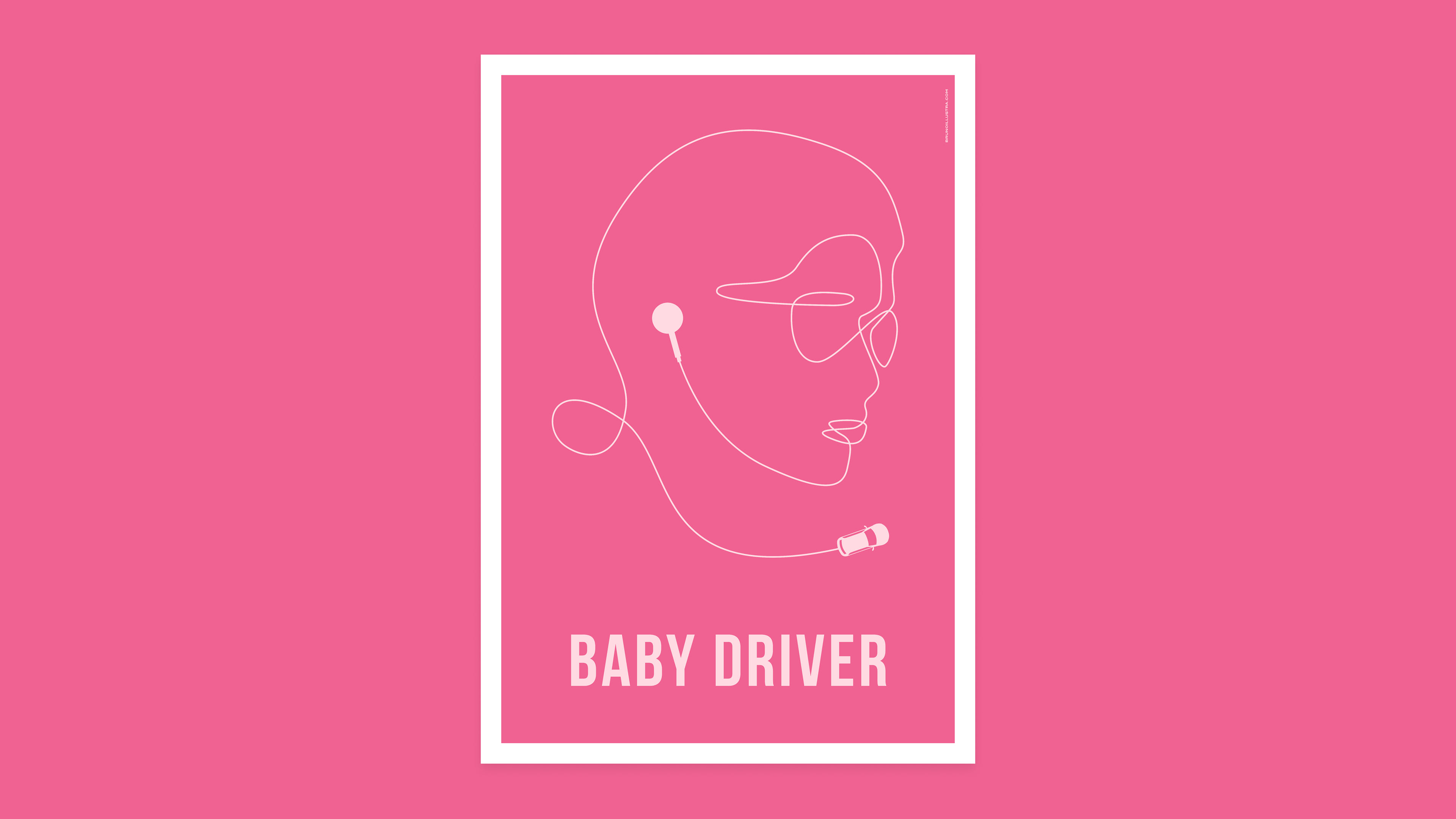 Minimalist poster of Baby Driver, featuring Baby’s silhouette connected to a car by a dynamic line, symbolizing movement.