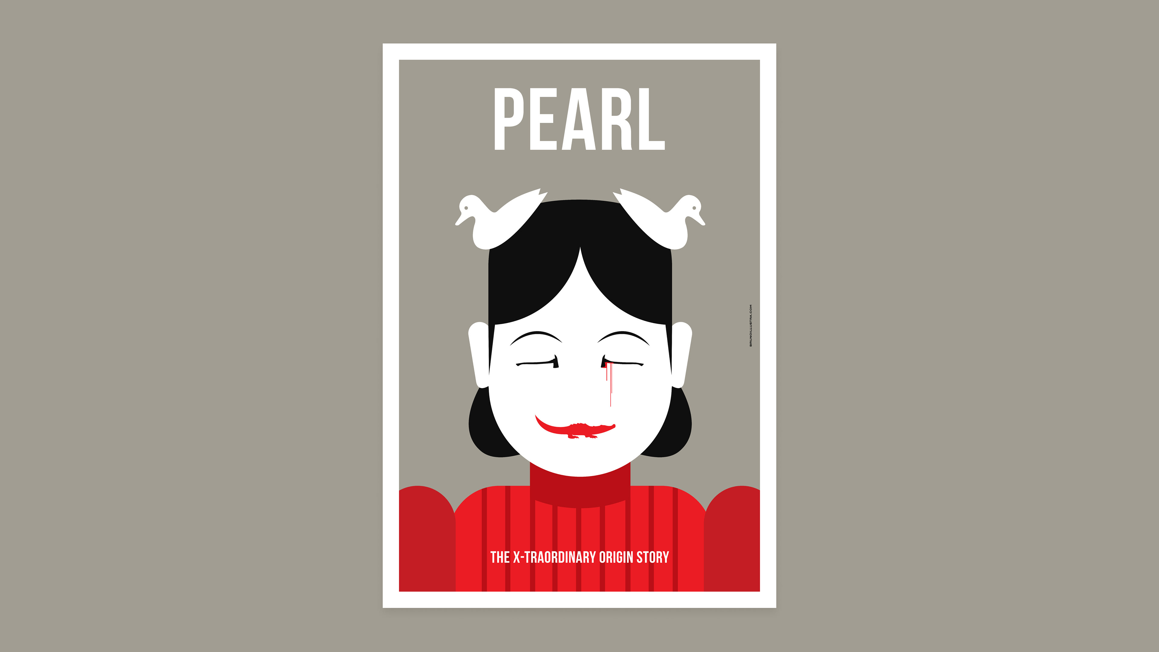 Minimalist poster of Pearl, featuring Pearl’s face with her features composed of symbolic elements like a hairpin, axes, and an alligator.