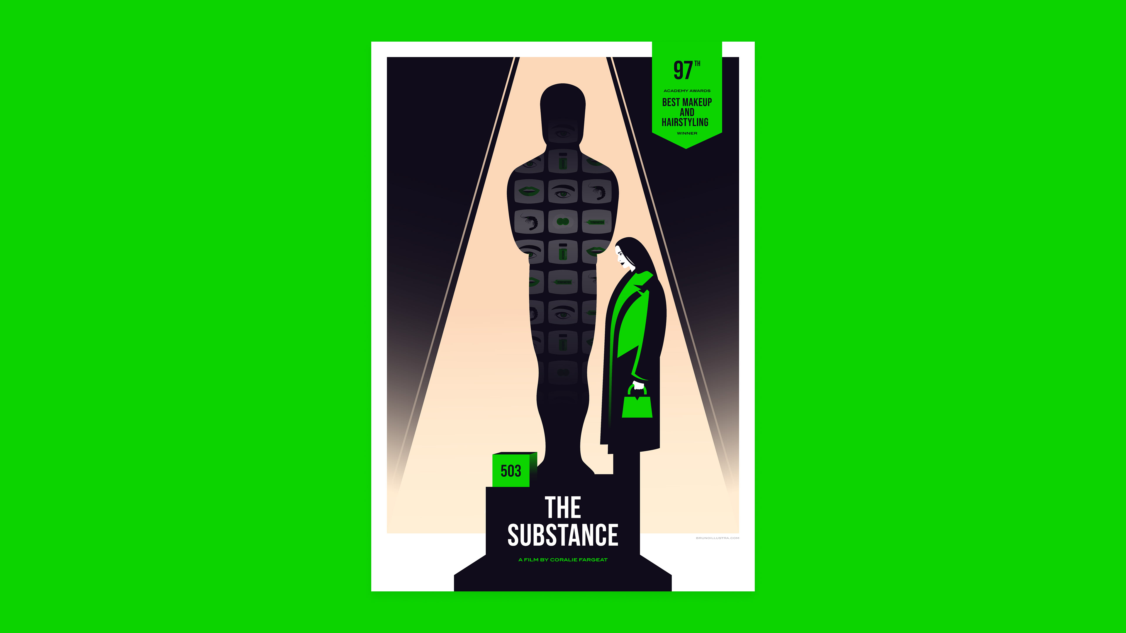 Minimalist poster of The Substance (2024), featuring the Oscar silhouette with symbolic elements like shrimp, syringe, and egg yolks.