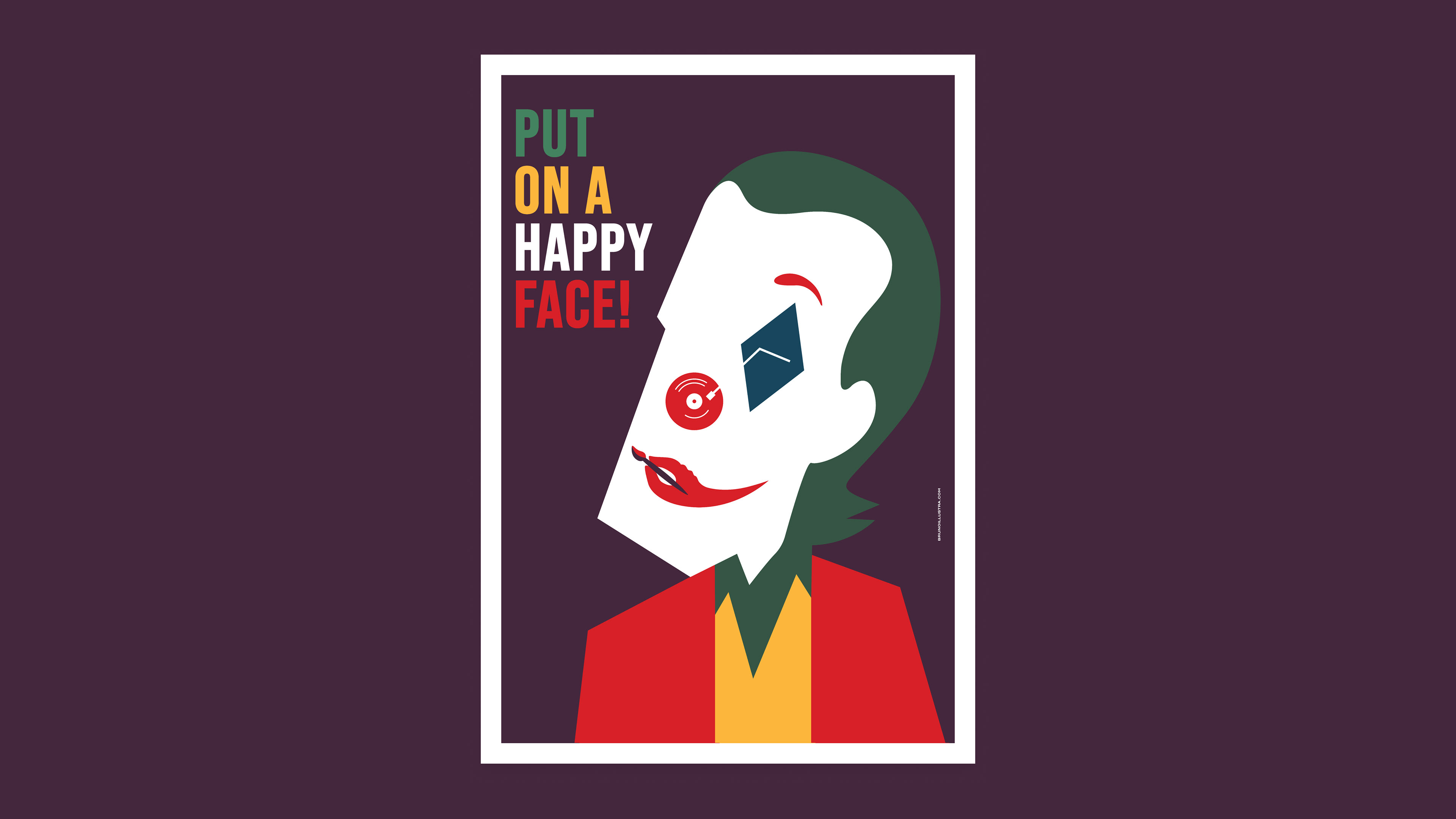Minimalist poster of Joker, featuring Arthur Fleckās silhouette with negative space forming his smile and turntable nose.